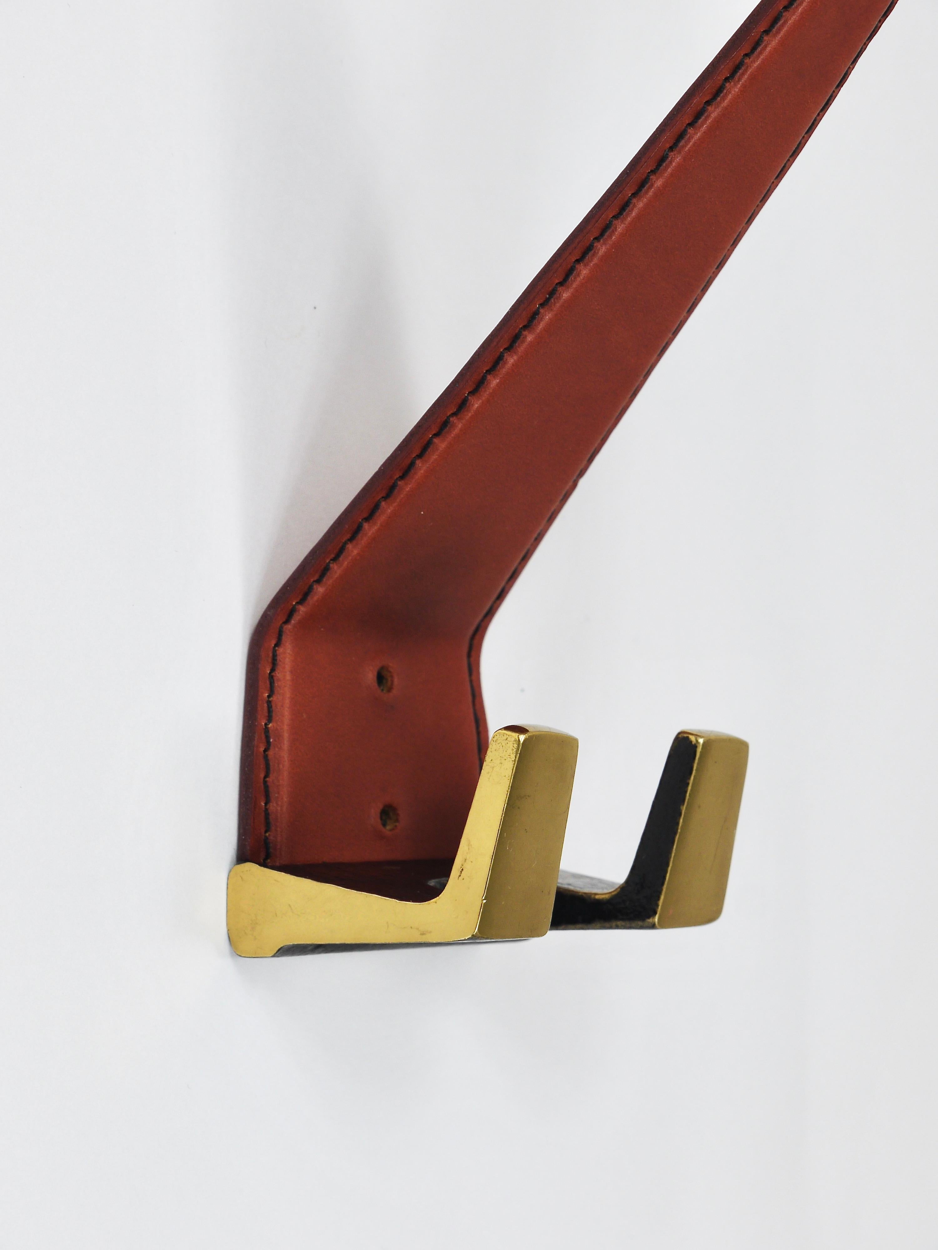 4 Carl Auböck Style Mid-Century Brass & Leather Wall Coat Hooks, Austria, 1950s 3