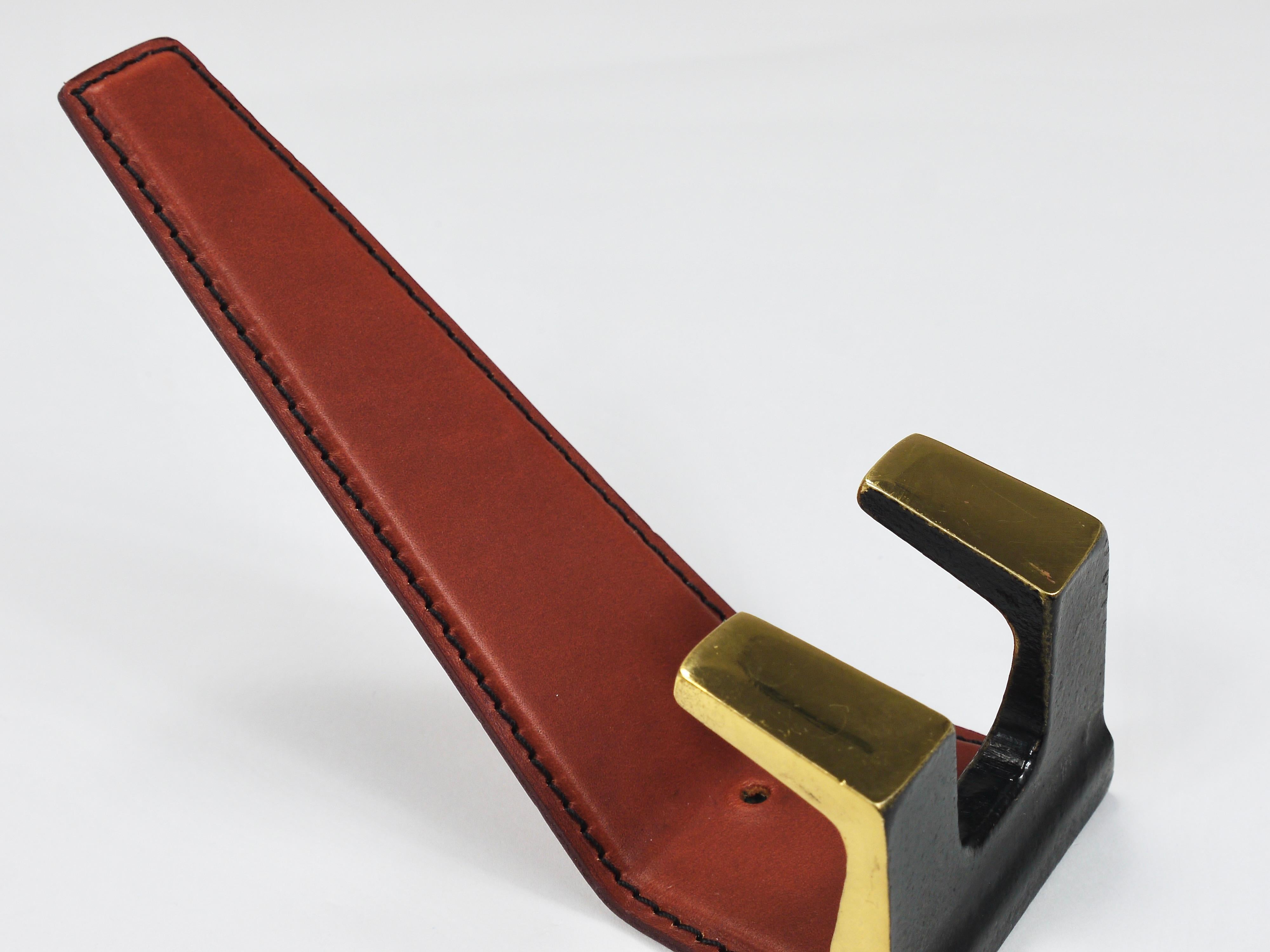 4 Carl Auböck Style Mid-Century Brass & Leather Wall Coat Hooks, Austria, 1950s 5