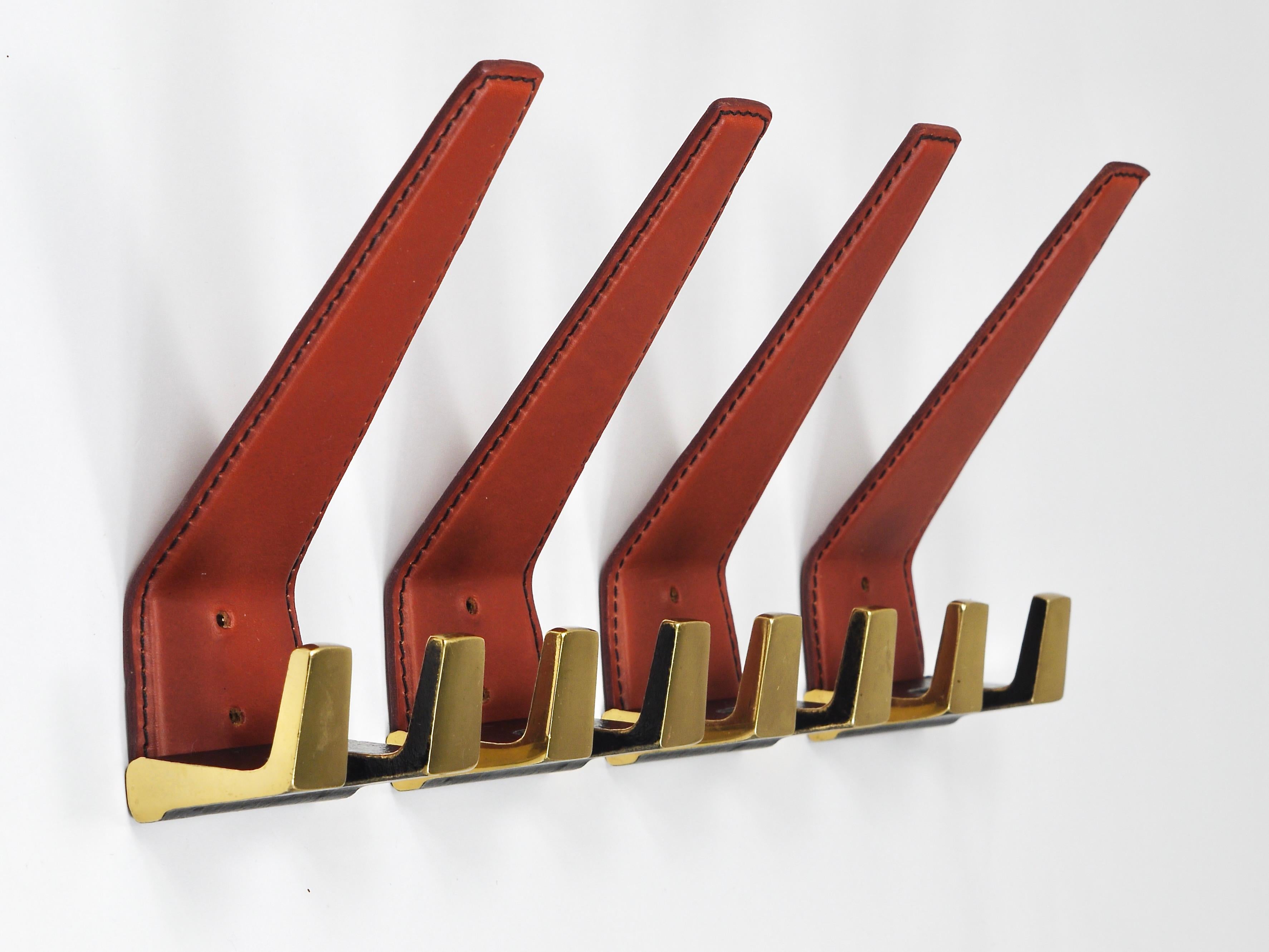 4 Carl Auböck Style Mid-Century Brass & Leather Wall Coat Hooks, Austria, 1950s 8