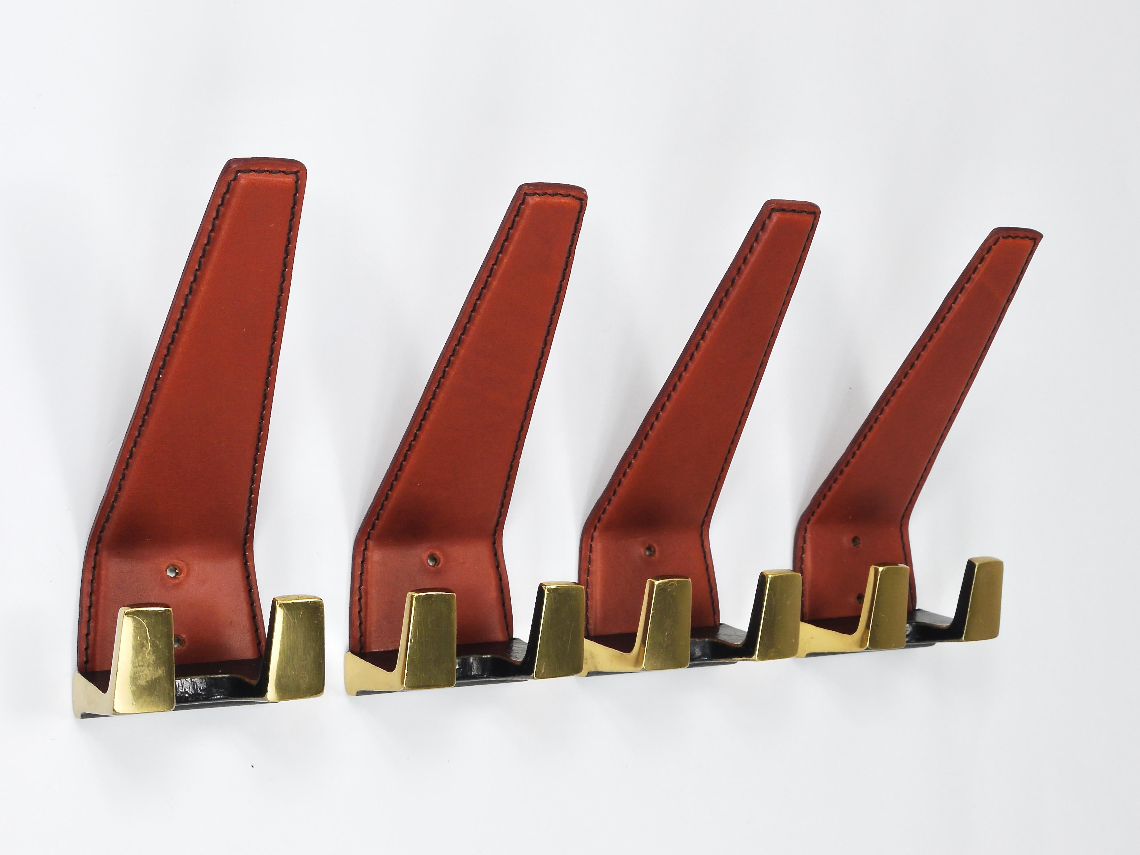 4 Carl Auböck Style Mid-Century Brass & Leather Wall Coat Hooks, Austria, 1950s 10