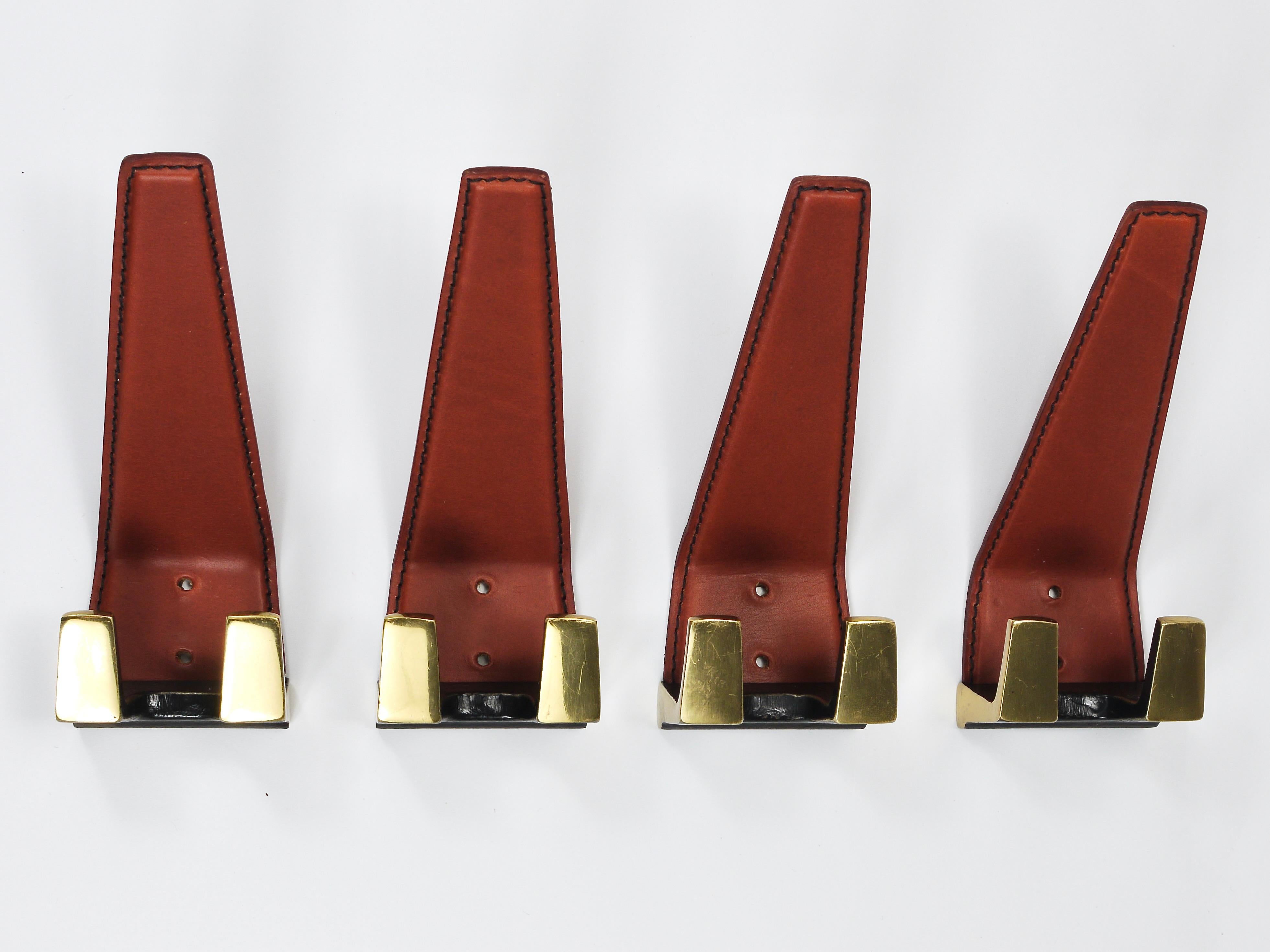 4 Carl Auböck Style Mid-Century Brass & Leather Wall Coat Hooks, Austria, 1950s 11