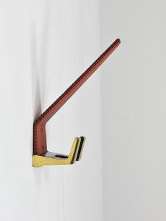 4 Carl Auböck Style Mid-Century Brass & Leather Wall Coat Hooks, Austria, 1950s