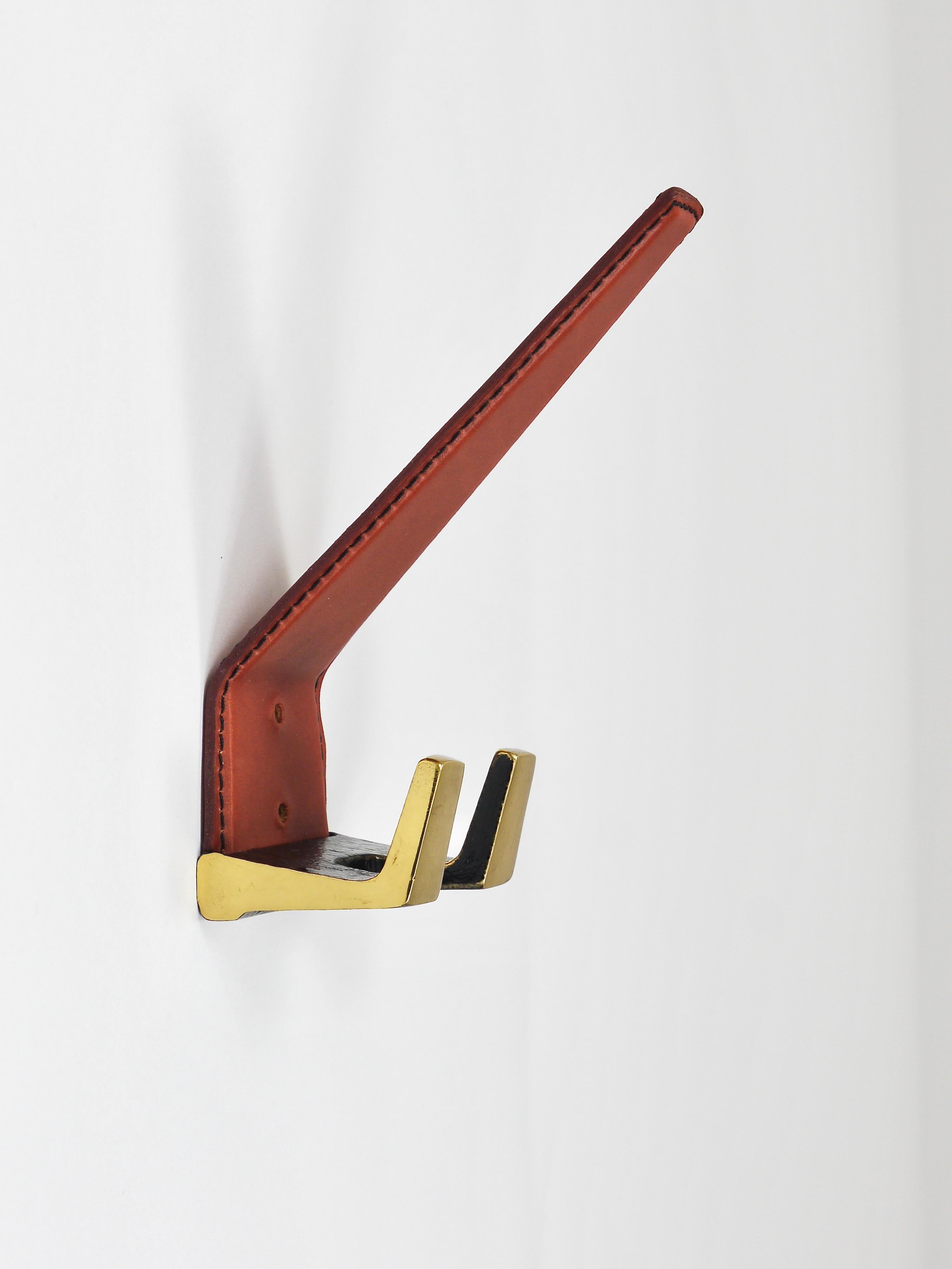 Mid-Century Modern 4 Carl Auböck Style Mid-Century Brass & Leather Wall Coat Hooks, Austria, 1950s