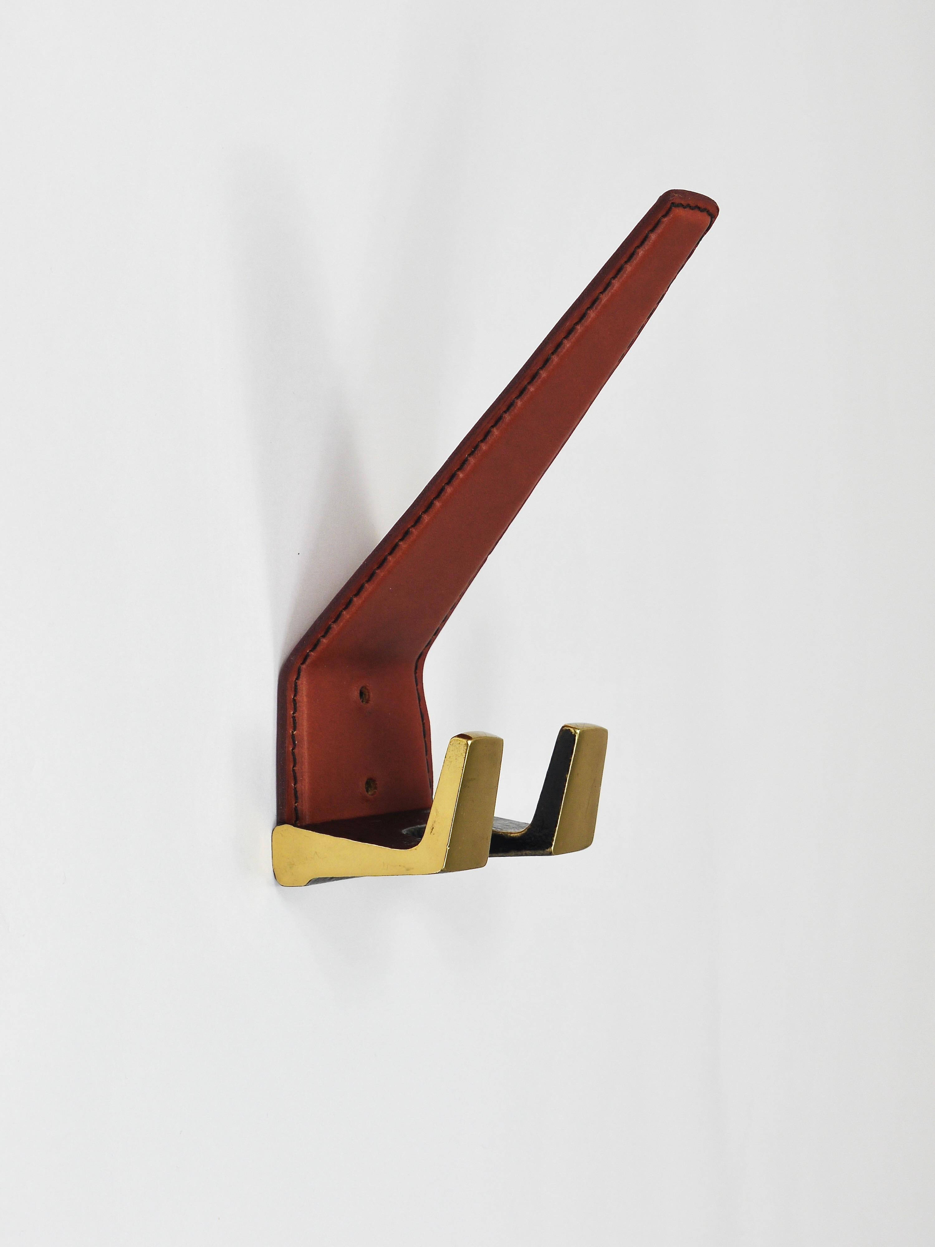 Austrian 4 Carl Auböck Style Mid-Century Brass & Leather Wall Coat Hooks, Austria, 1950s
