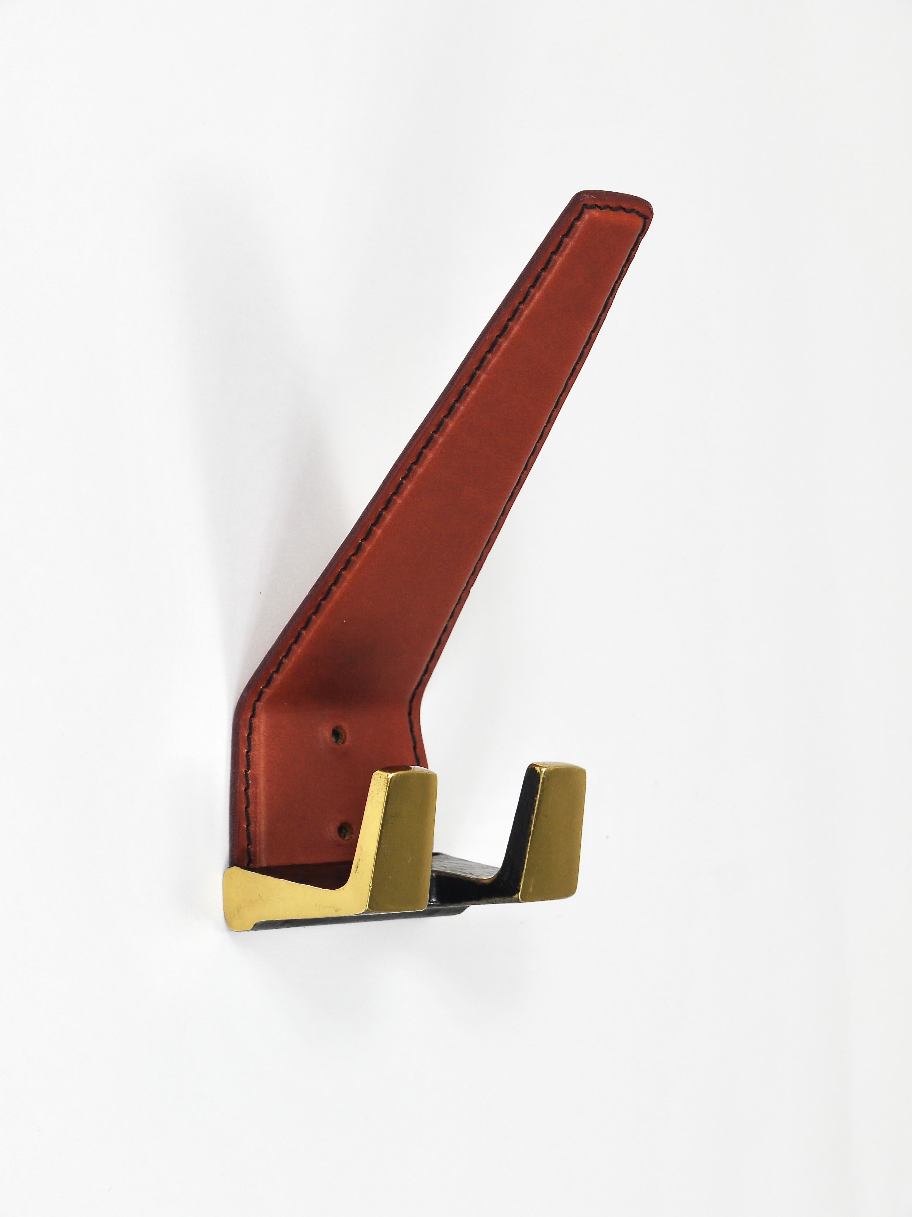 Blackened 4 Carl Auböck Style Mid-Century Brass & Leather Wall Coat Hooks, Austria, 1950s