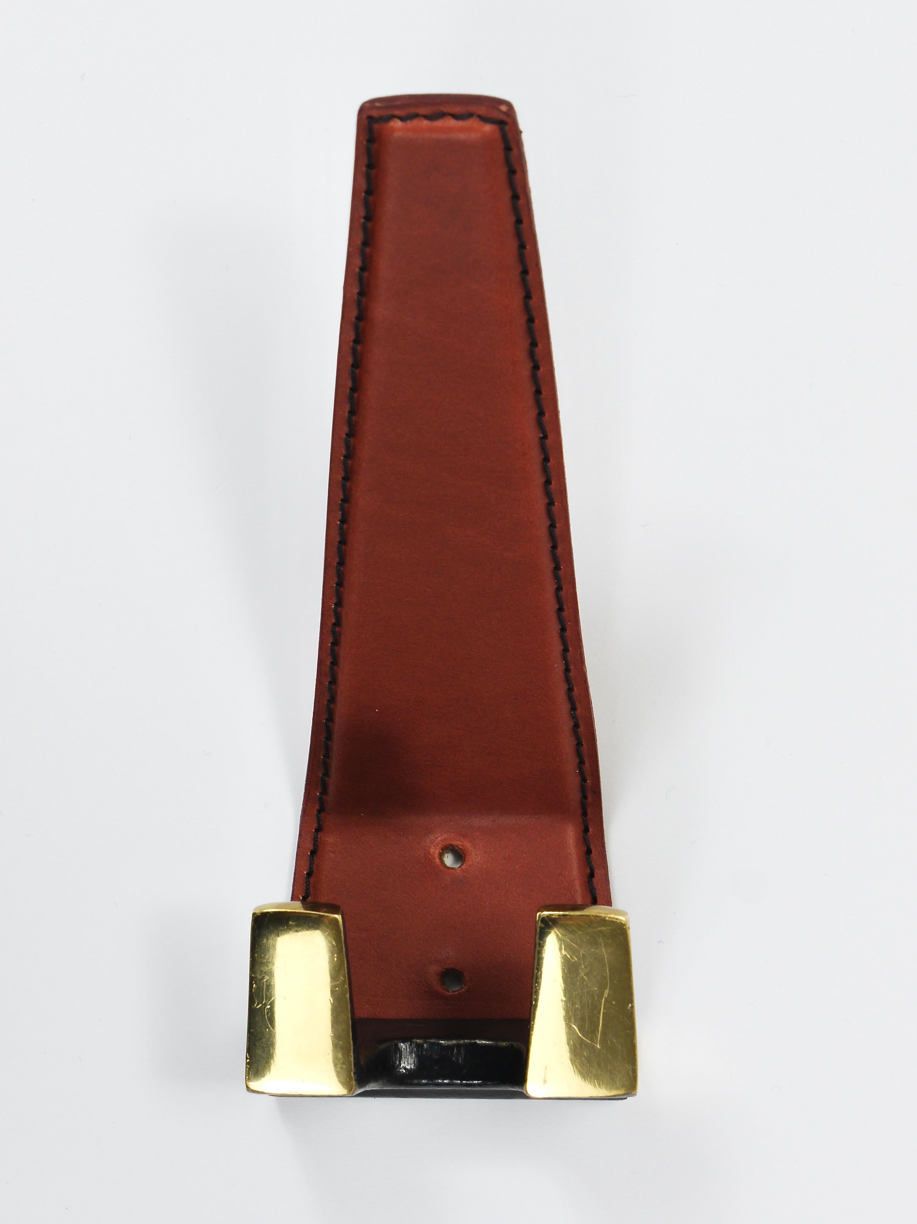 20th Century 4 Carl Auböck Style Mid-Century Brass & Leather Wall Coat Hooks, Austria, 1950s