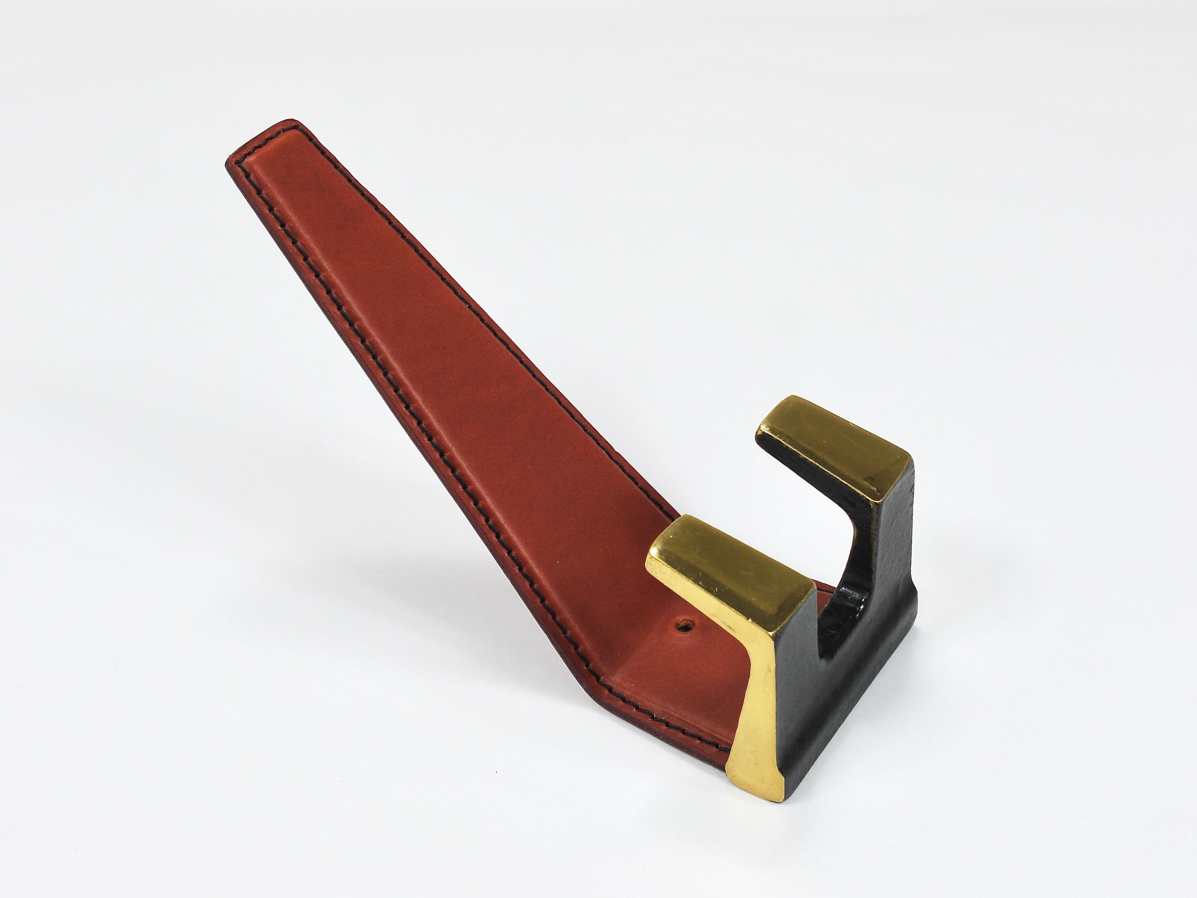 4 Carl Auböck Style Mid-Century Brass & Leather Wall Coat Hooks, Austria, 1950s 1