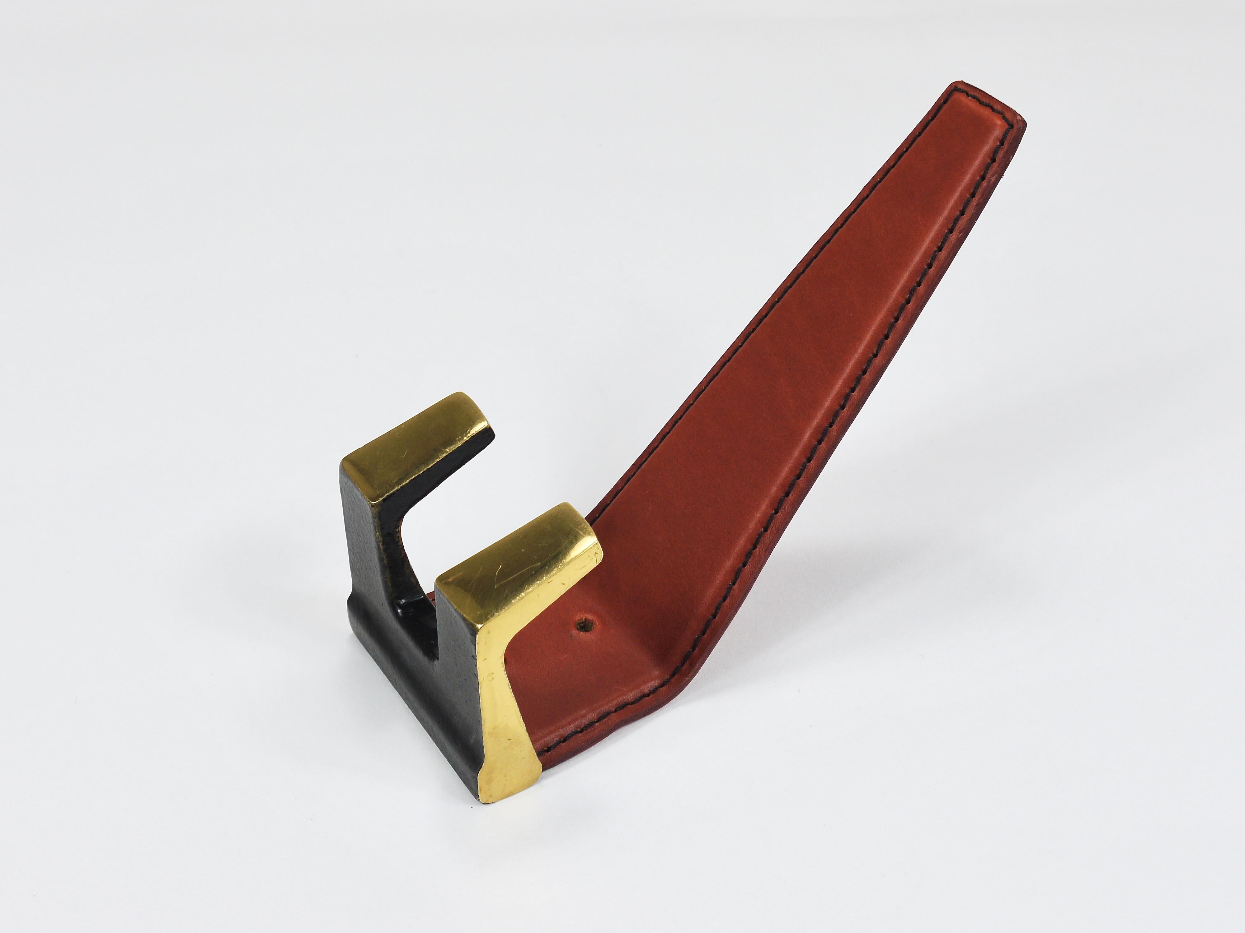 4 Carl Auböck Style Mid-Century Brass & Leather Wall Coat Hooks, Austria, 1950s 2