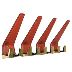 4 Carl Auböck Style Mid-Century Brass & Leather Wall Coat Hooks, Austria, 1950s