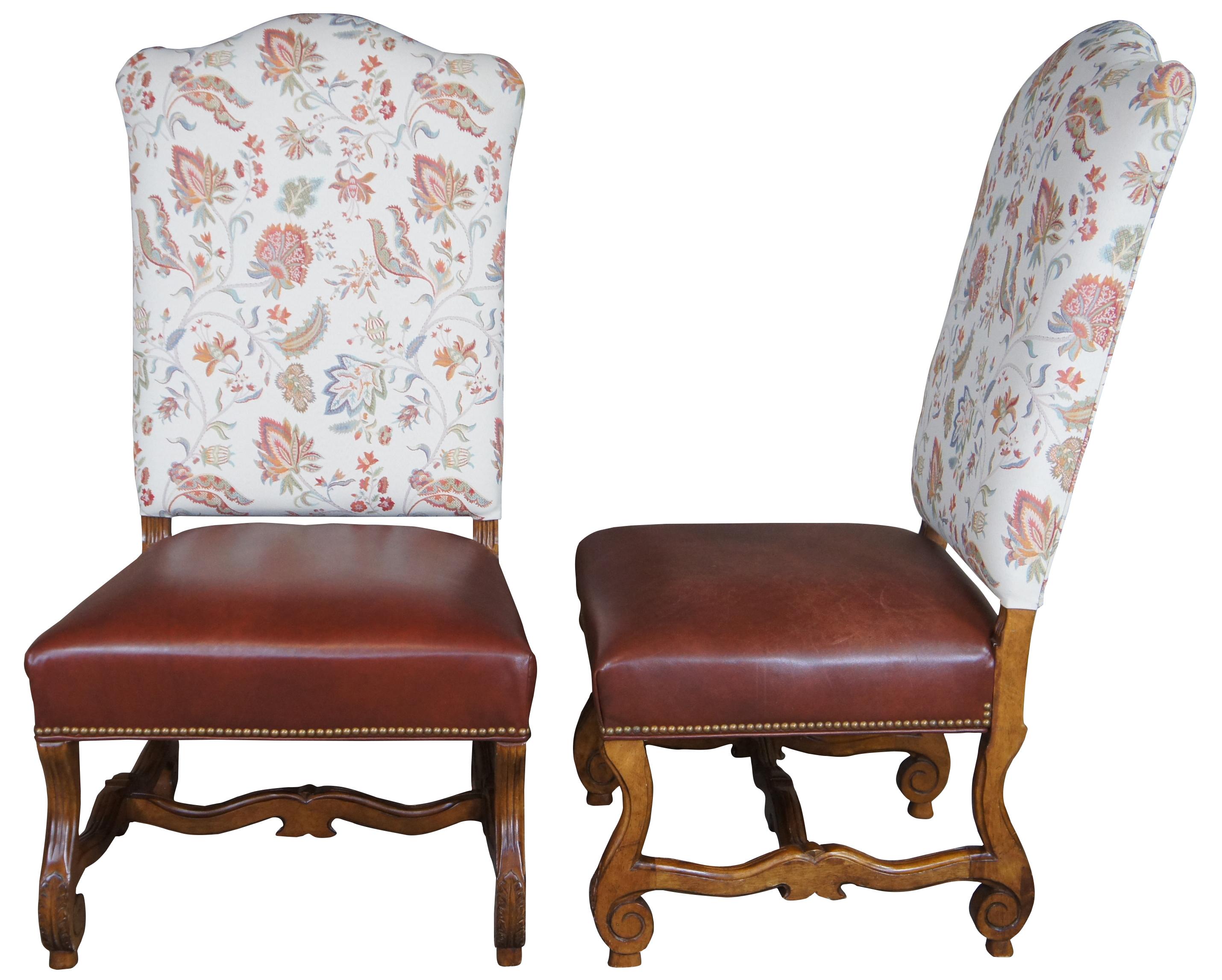 Four Century Furniture old world tuscan side dining chairs. Made of maple with paisley upholstered back and leather seat accented with nailhead trim.
  