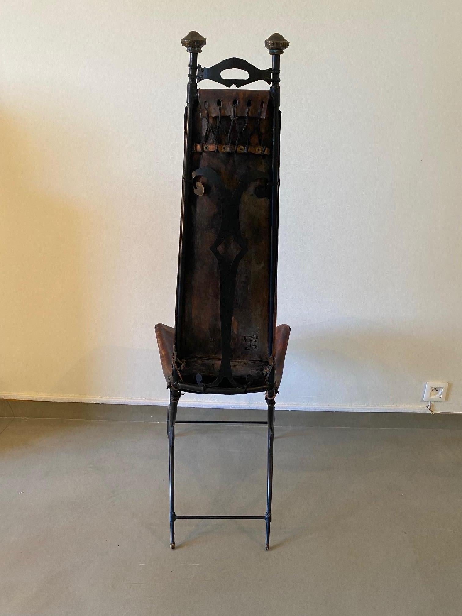  4 Chairs by Sido & François Thévenin Leather and wrought Iron France 1970's  1
