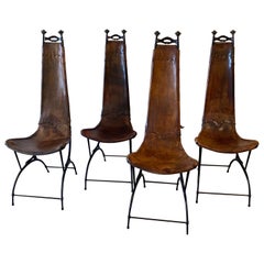 4 Chairs by Sido & François Thévenin Leather and wrought Iron France 1970's