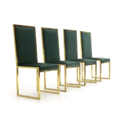 4 Chairs in Green Velvet and Brass, 1970s
