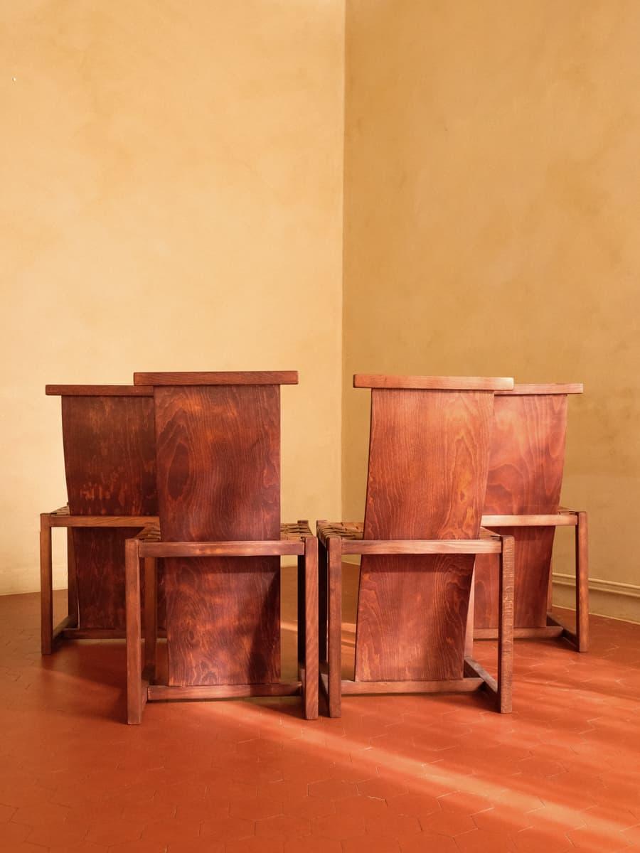 4 Chairs in Leather & Tinted Wood, 1970s, Midcentury Italian Design 6