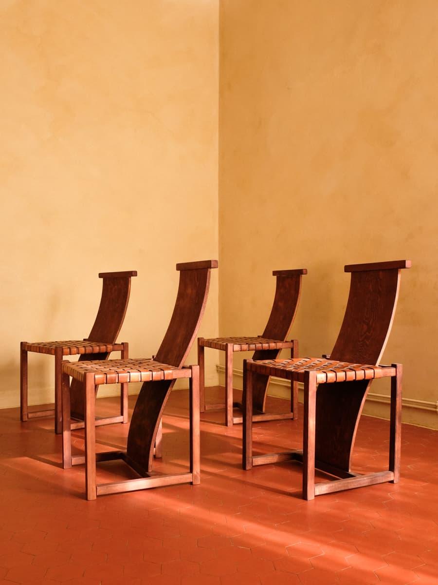 4 Chairs in Leather & Tinted Wood, 1970s, Midcentury Italian Design 8
