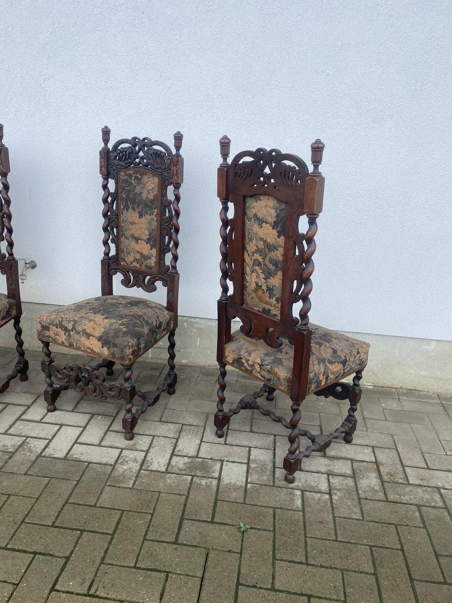 4 chairs with high backrest in oak and upholstery in the English Renaissance  For Sale 5
