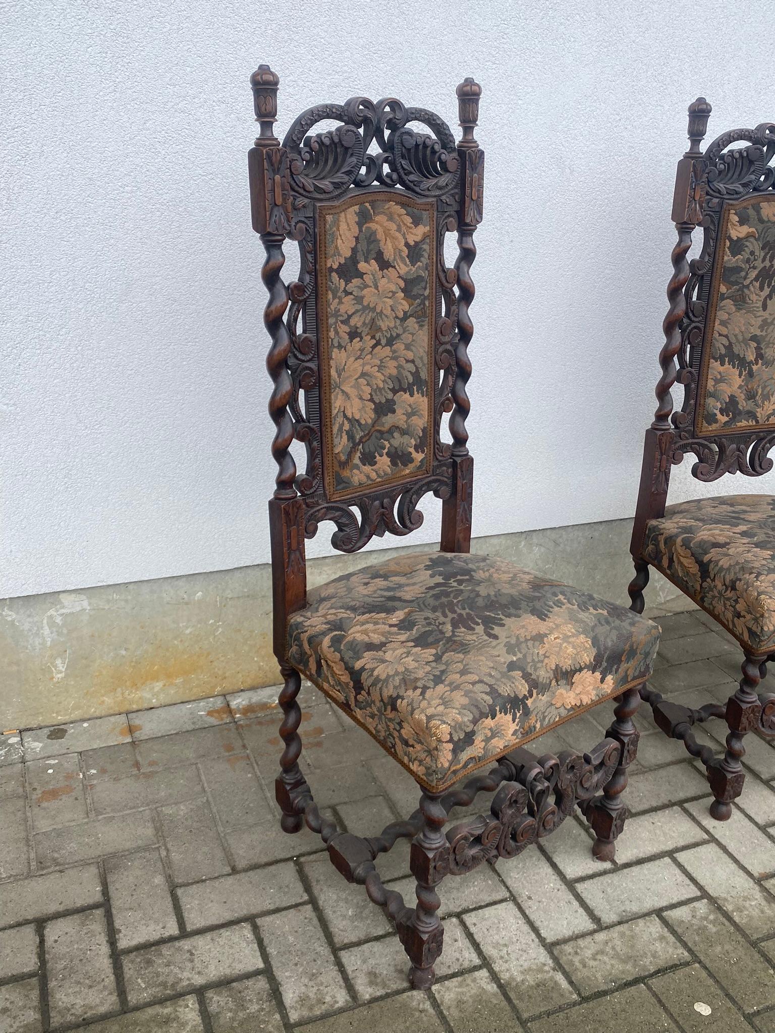 Late 19th Century 4 chairs with high backrest in oak and upholstery in the English Renaissance  For Sale