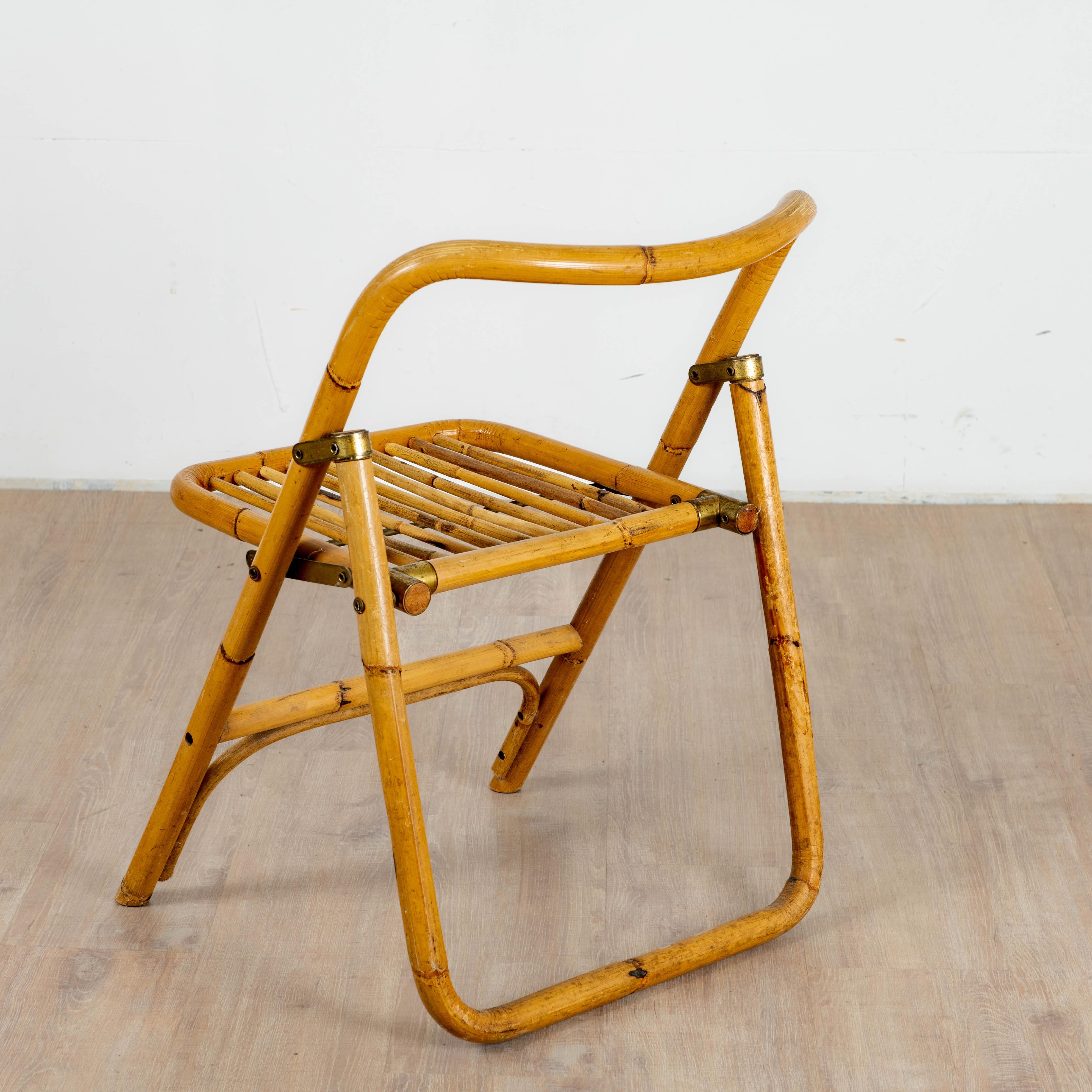 4 chaises pliante en bambou, rotin et laiton, Italie, 1970 For Sale 4