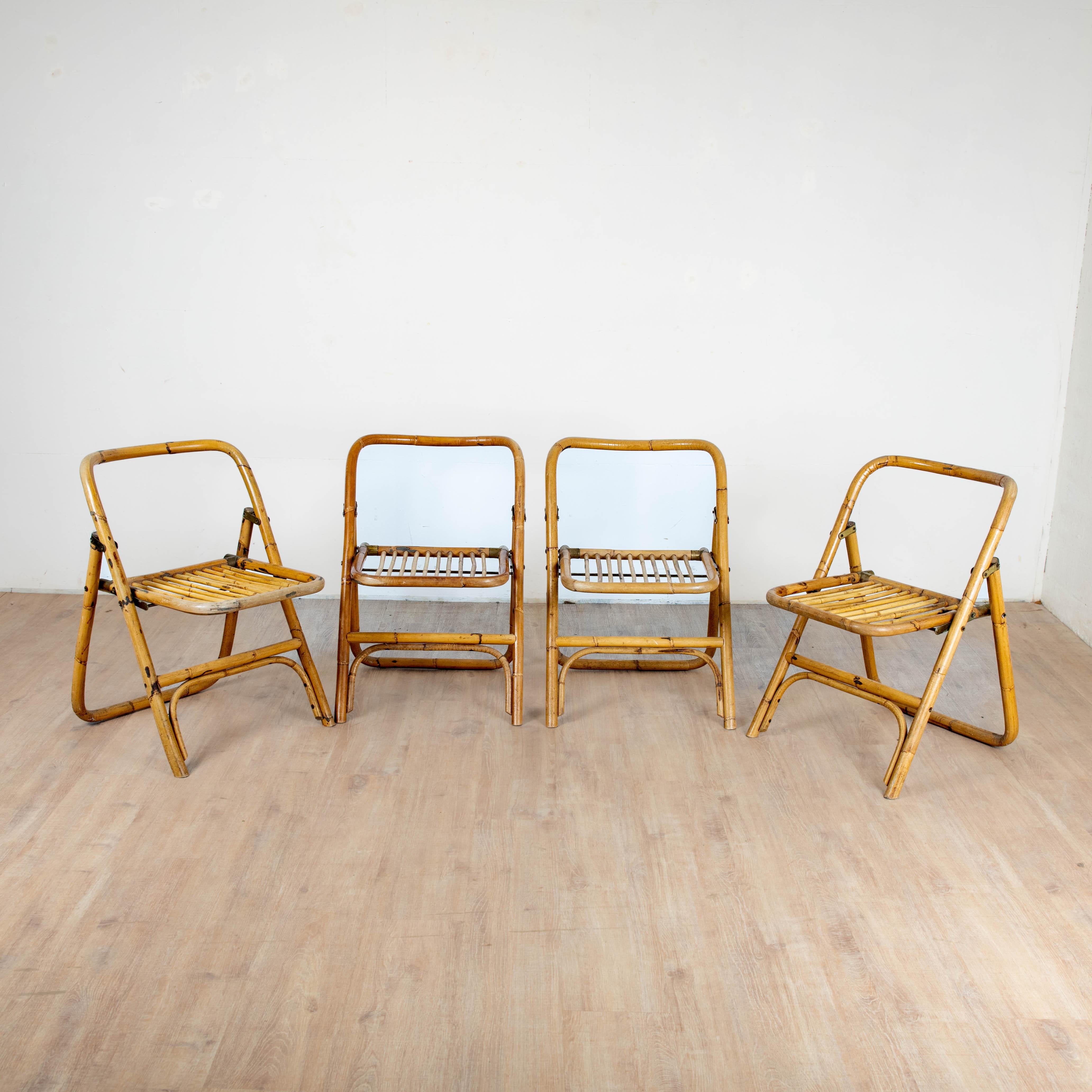 Late 20th Century 4 chaises pliante en bambou, rotin et laiton, Italie, 1970 For Sale