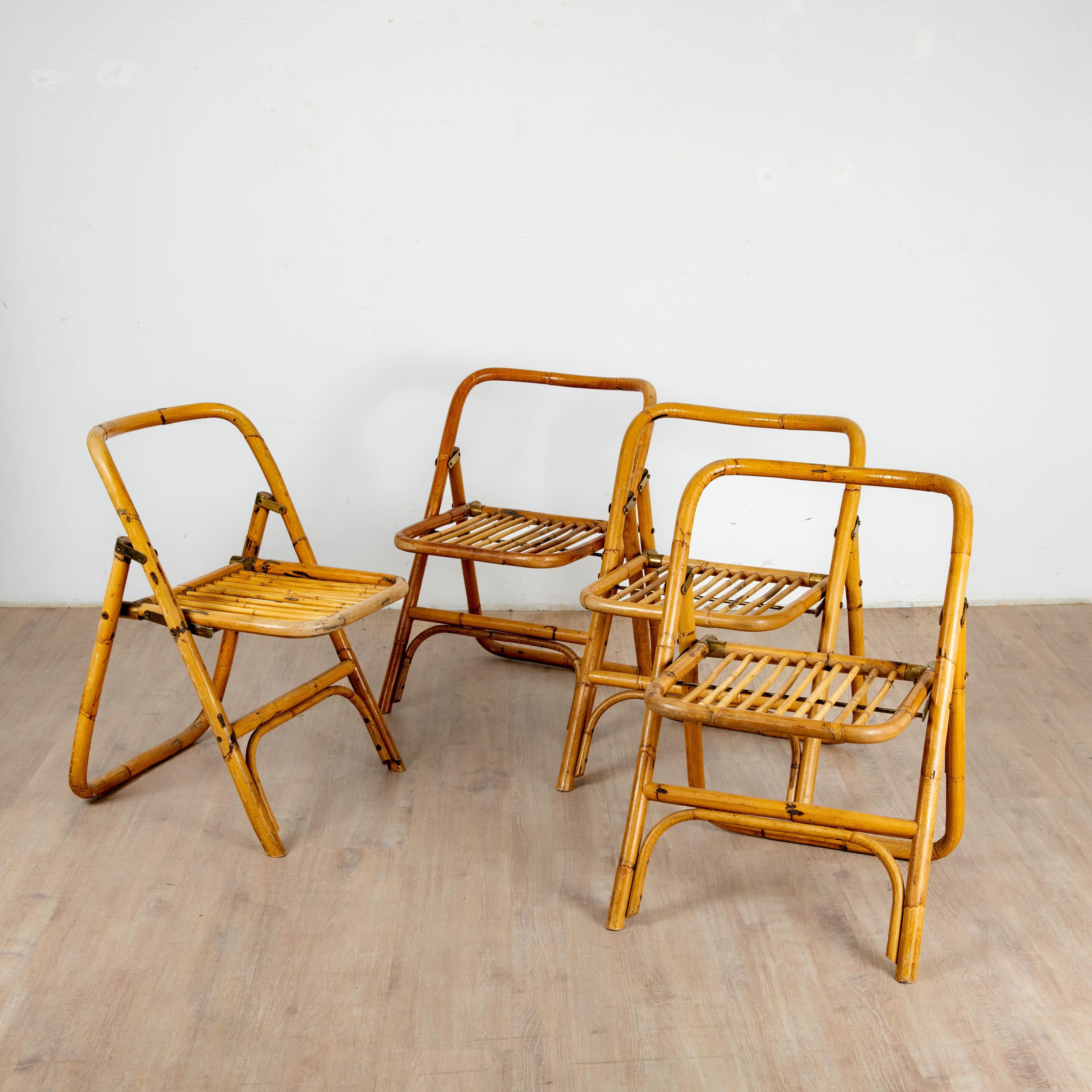 Rattan 4 chaises pliante en bambou, rotin et laiton, Italie, 1970 For Sale