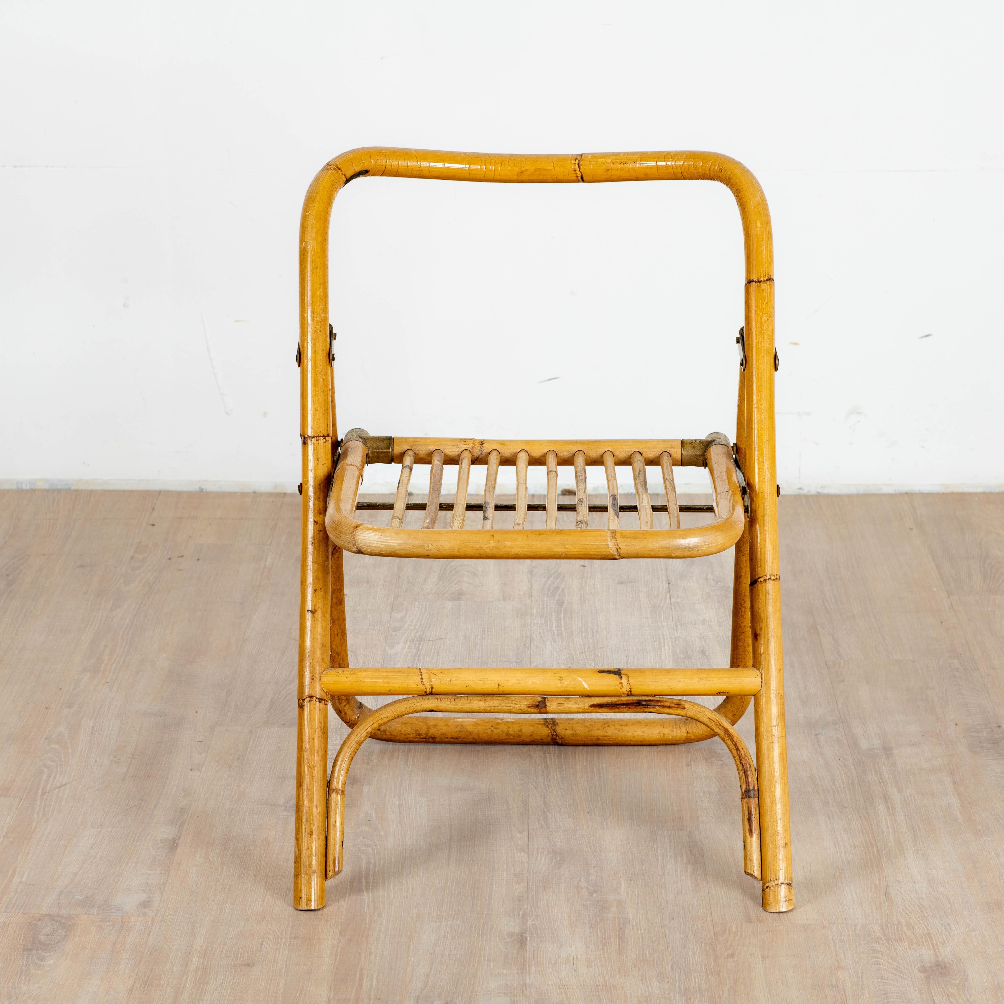 4 chaises pliante en bambou, rotin et laiton, Italie, 1970 For Sale 1