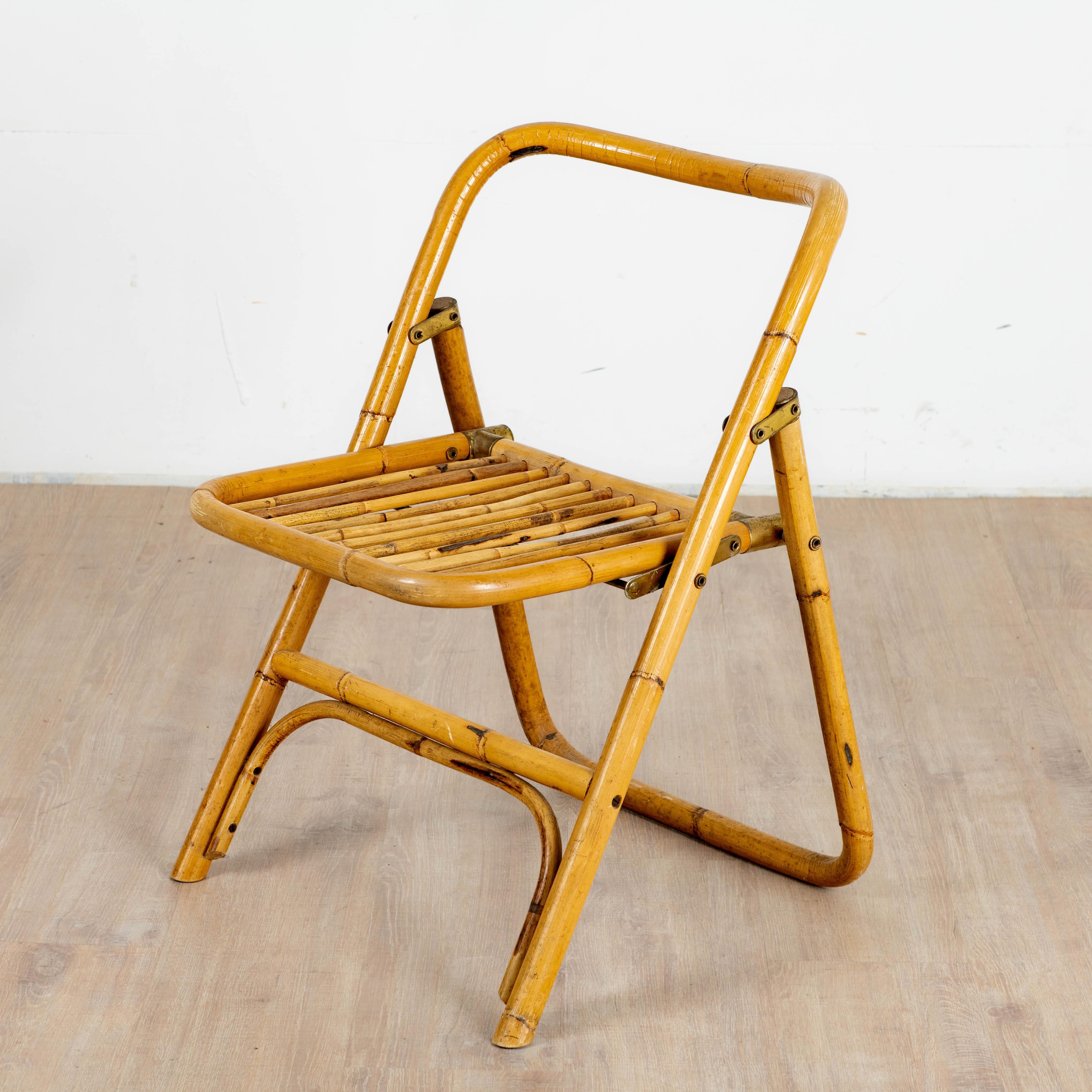 4 chaises pliante en bambou, rotin et laiton, Italie, 1970 For Sale 2
