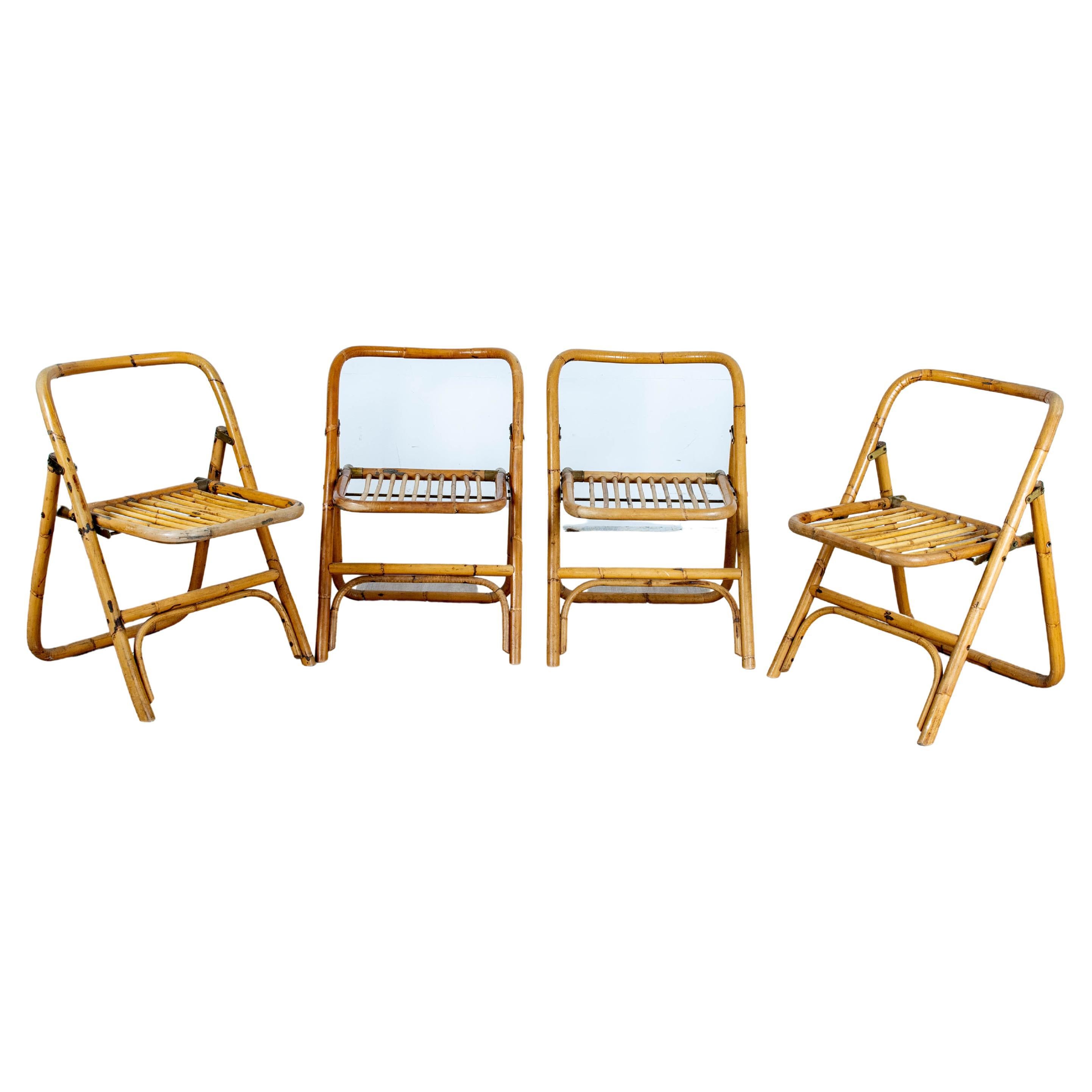 4 chaises pliante en bambou, rotin et laiton, Italie, 1970 For Sale