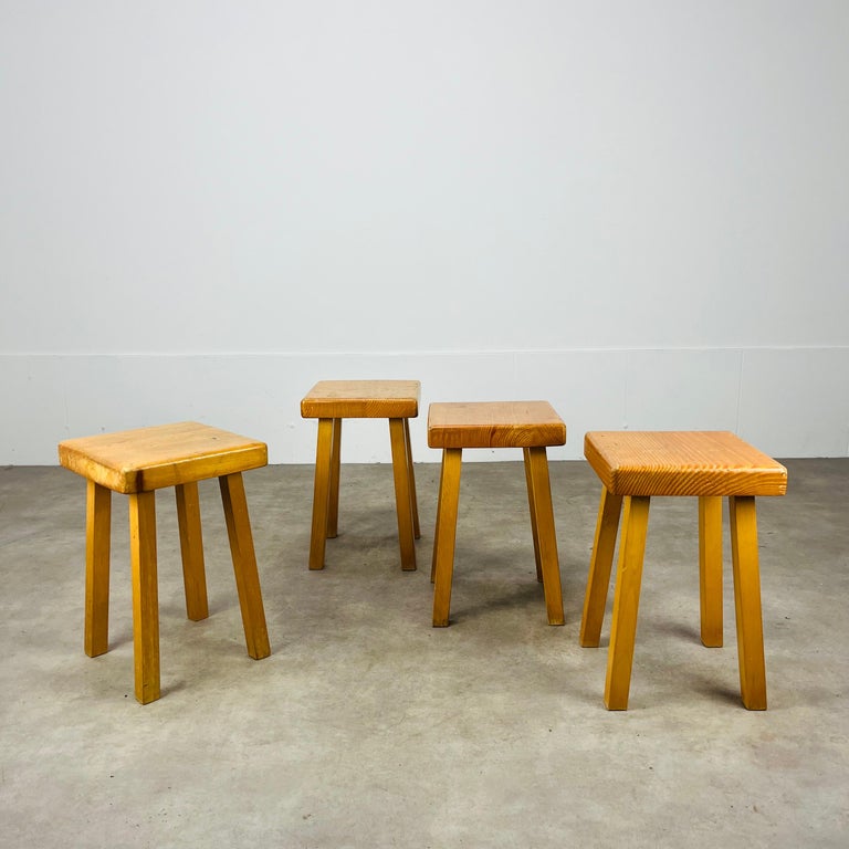 4 Charlotte Perriand pine stools, Les Arcs, 1960's For Sale at 1stDibs