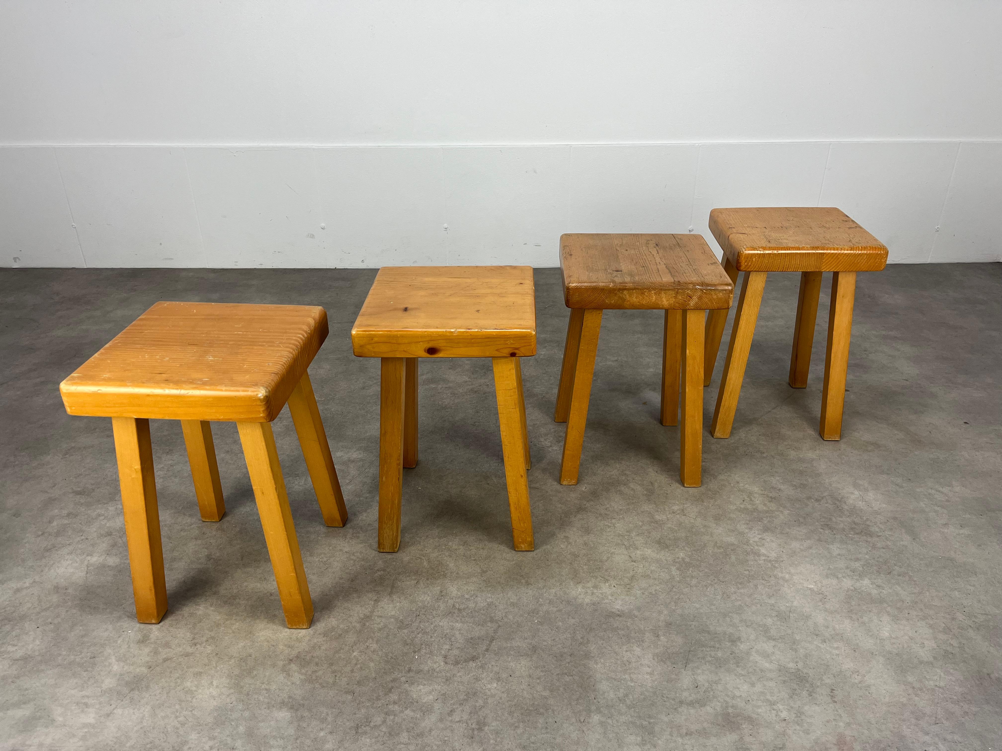 French 4 Charlotte Perriand pine stools, Les Arcs, 1960's For Sale