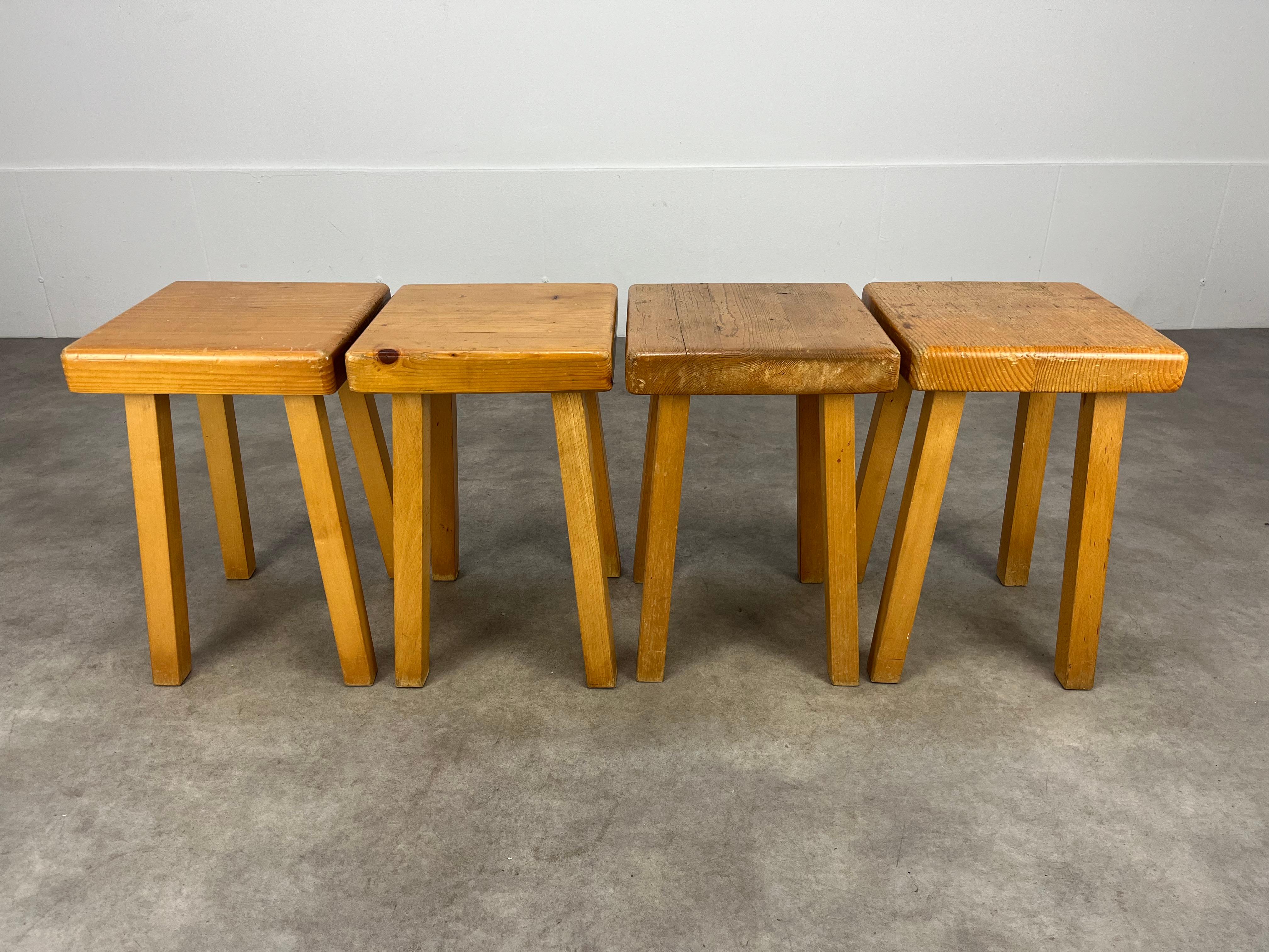 Wood 4 Charlotte Perriand pine stools, Les Arcs, 1960's For Sale