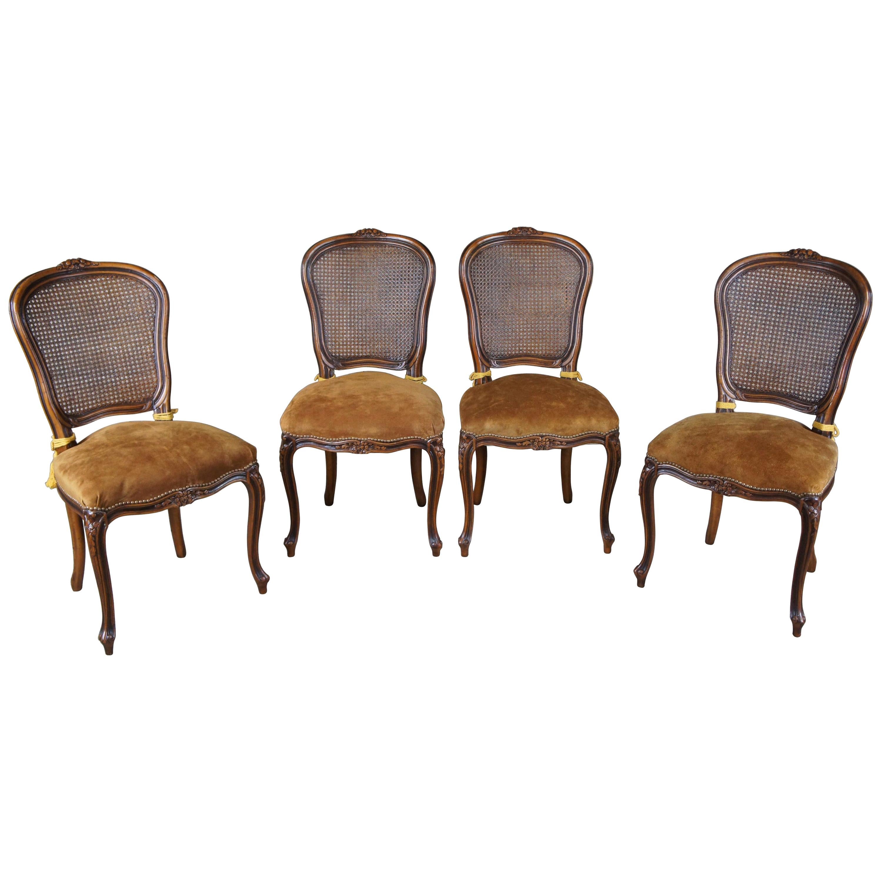 4 Chateau d'Ax French Louis XV Caned Suede Nailhead Side Dining Chairs Italian