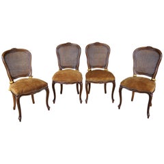 Vintage 4 Chateau d'Ax French Louis XV Caned Suede Nailhead Side Dining Chairs Italian