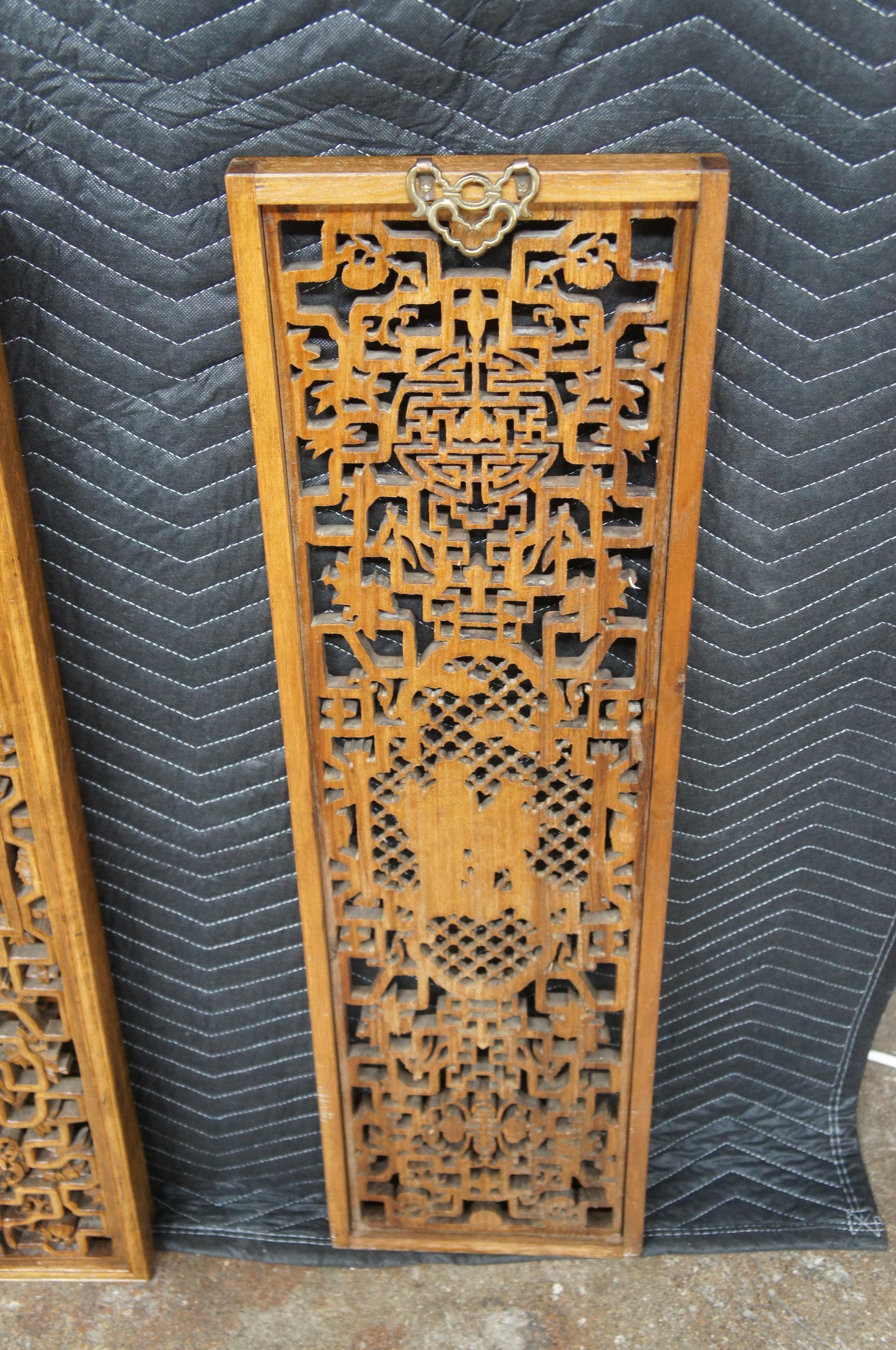 4 Chinese Carved Wood Wall Hanging Panels Immortal Figures Oriental Lattice 38