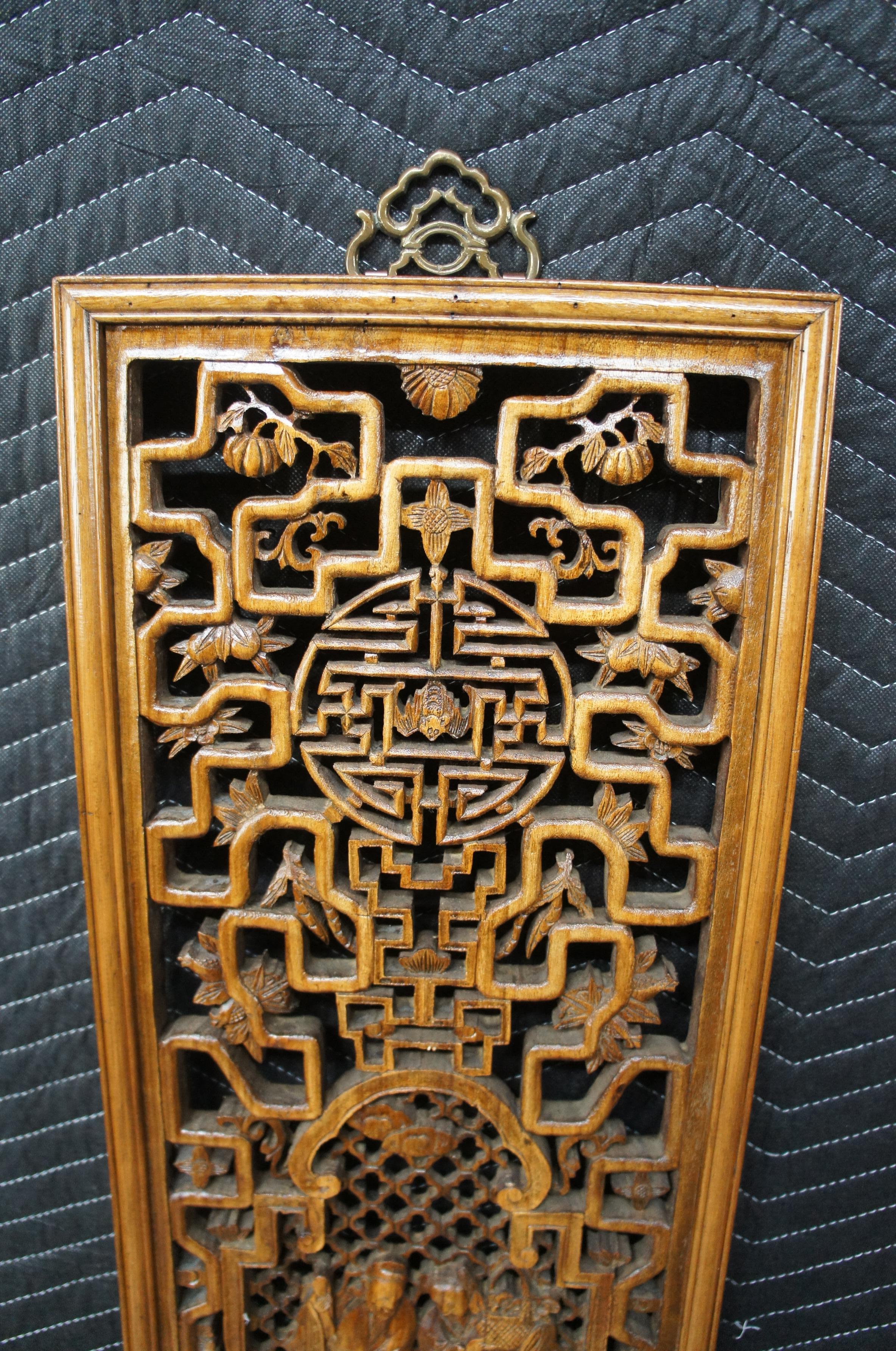 Qing 4 Chinese Carved Wood Wall Hanging Panels Immortal Figures Oriental Lattice 38