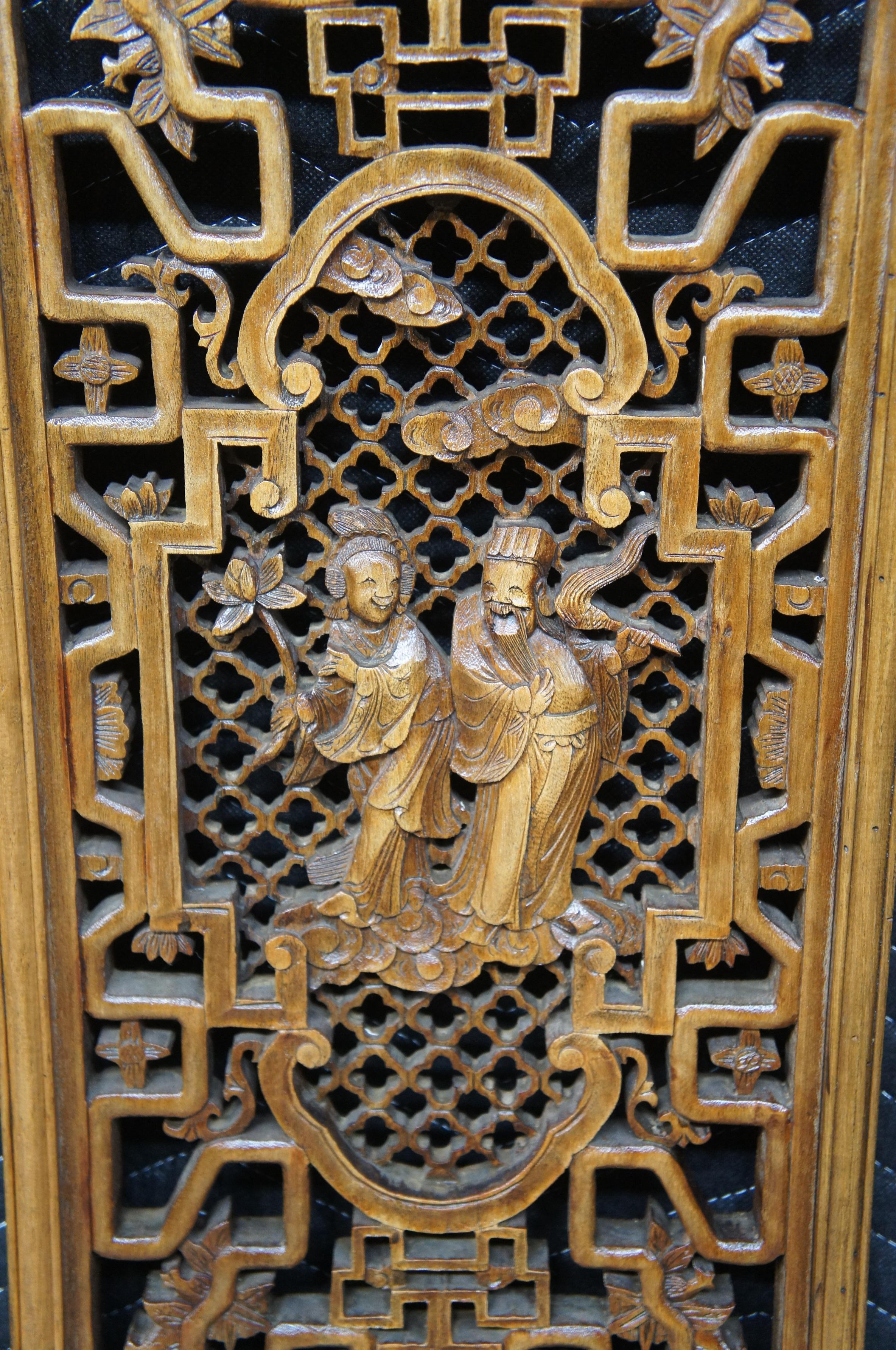 Hardwood 4 Chinese Carved Wood Wall Hanging Panels Immortal Figures Oriental Lattice 38