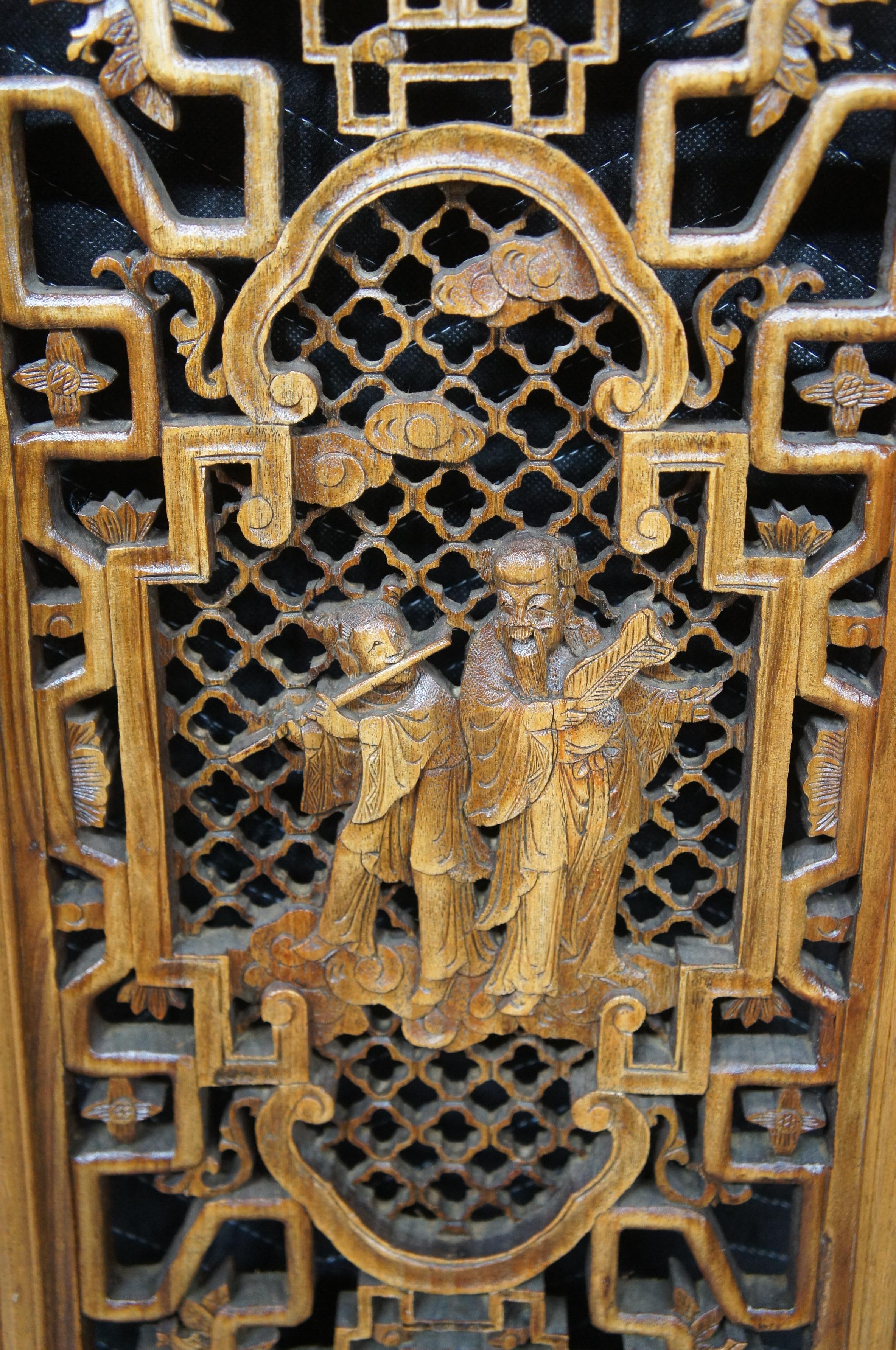 4 Chinese Carved Wood Wall Hanging Panels Immortal Figures Oriental Lattice 38