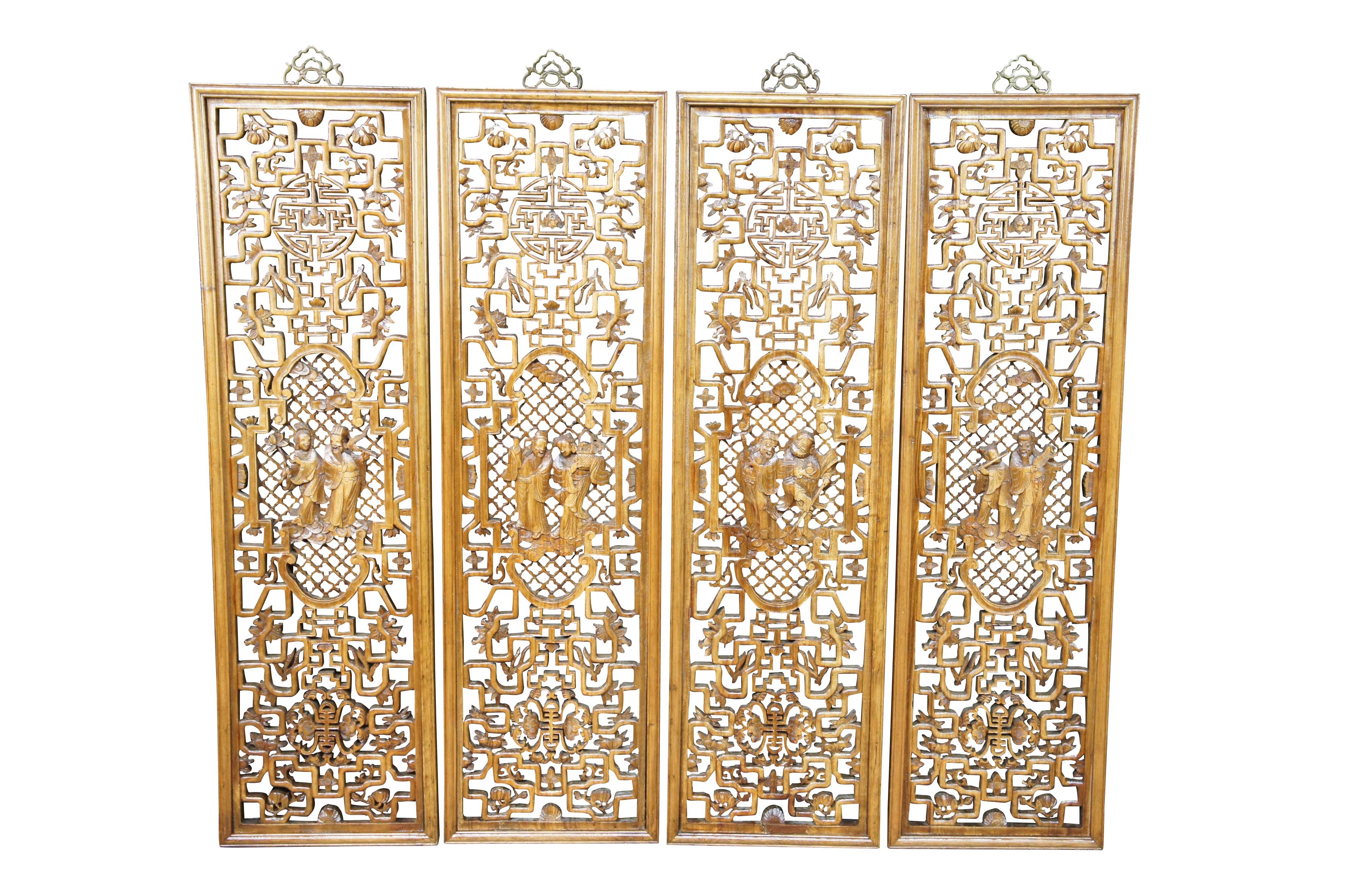 4 Chinese Carved Wood Wall Hanging Panels Immortal Figures Oriental