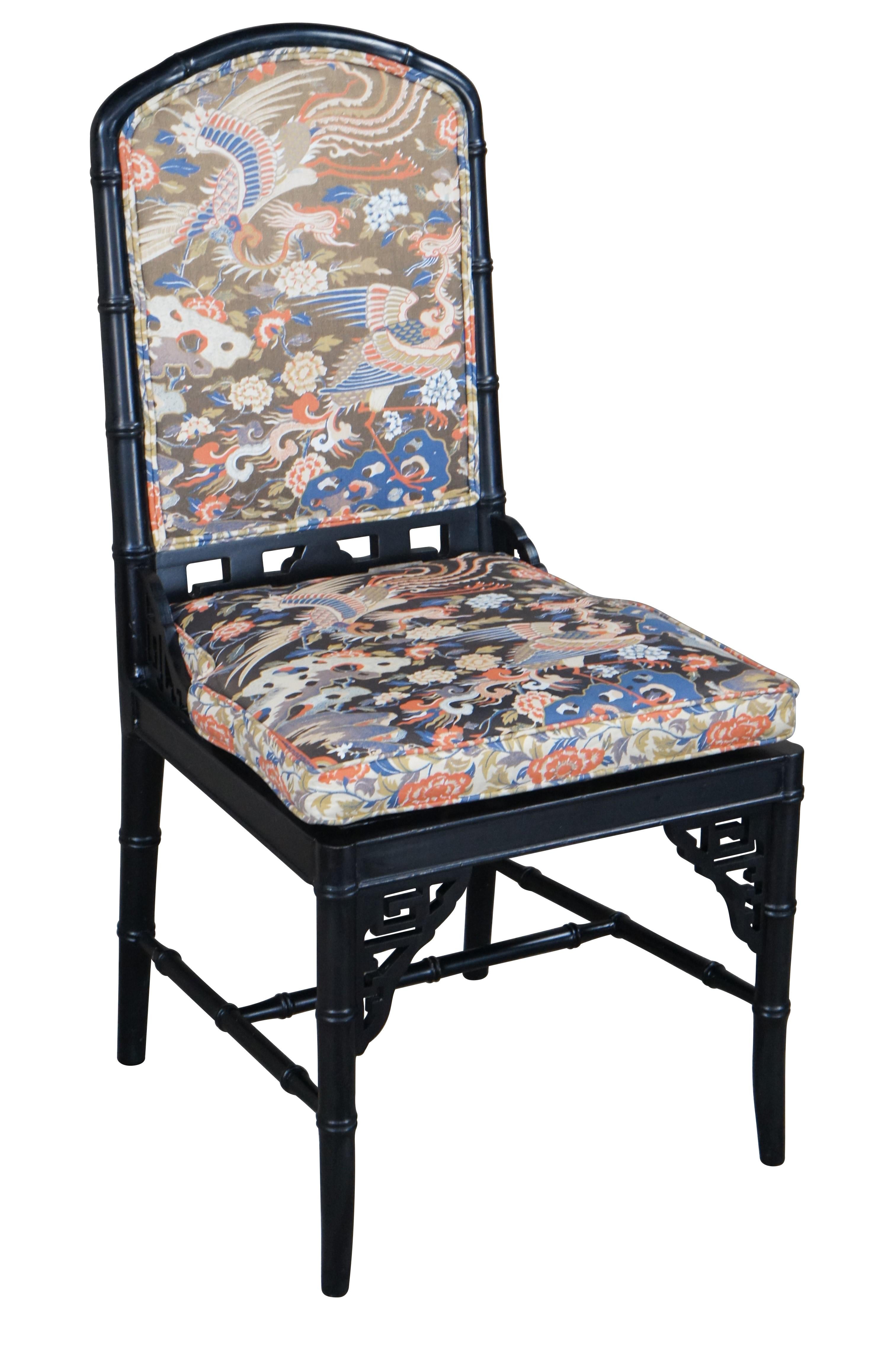 4 Chinese Chinoiserie Faux Bamboo Black Lacquer Caned Crane Dining Chairs In Good Condition For Sale In Dayton, OH