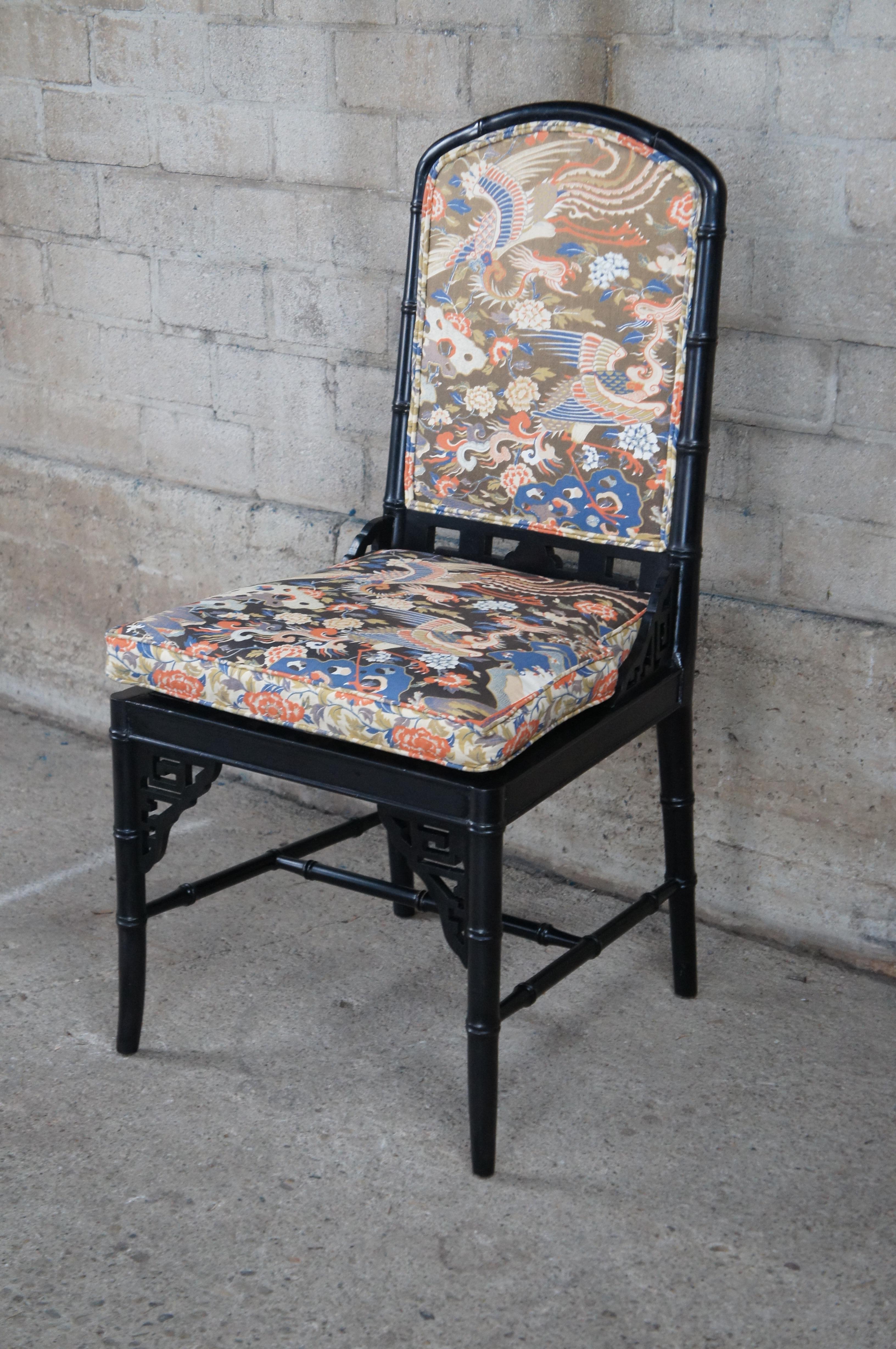 20th Century 4 Chinese Chinoiserie Faux Bamboo Black Lacquer Caned Crane Dining Chairs For Sale