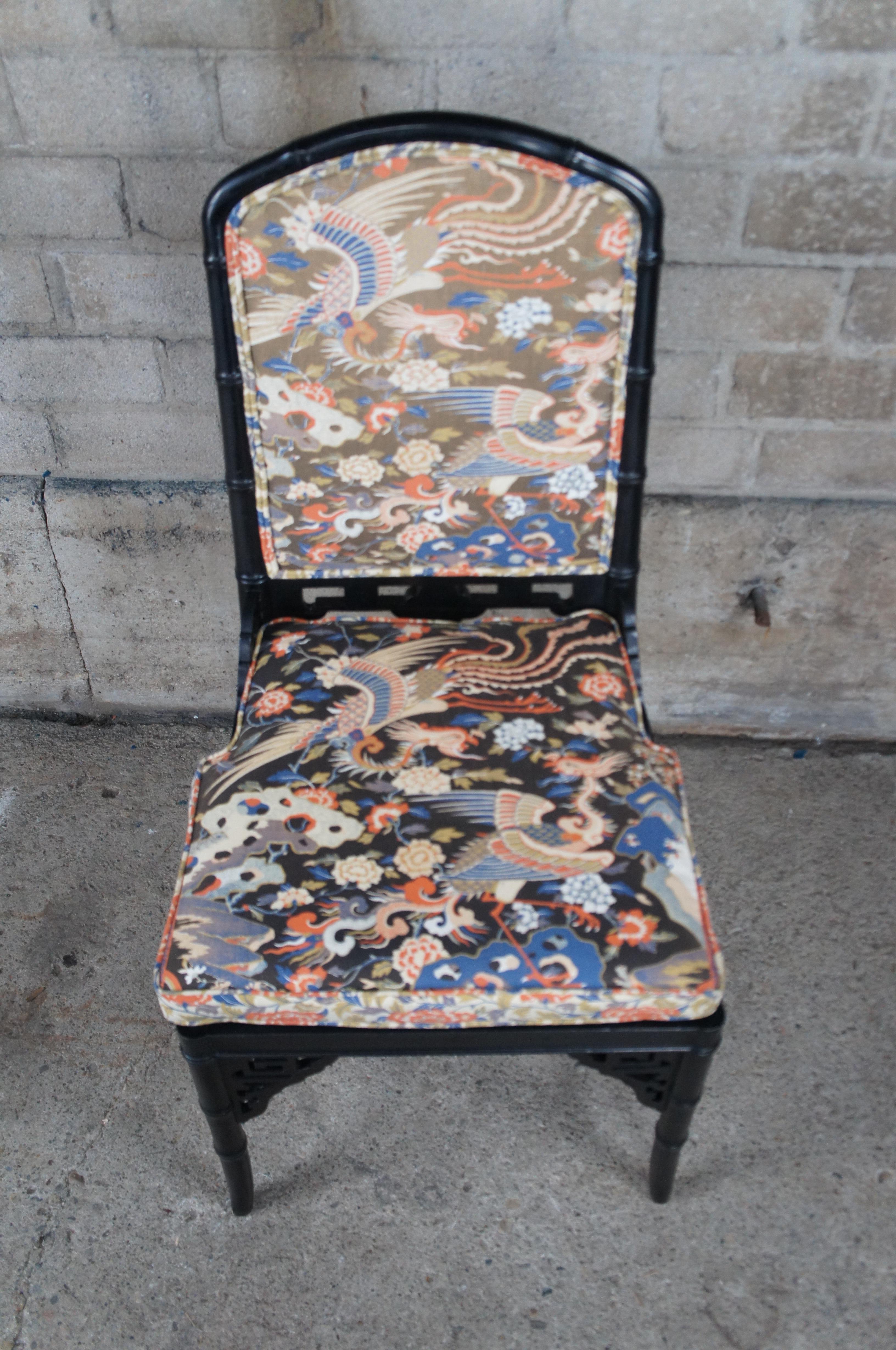 Upholstery 4 Chinese Chinoiserie Faux Bamboo Black Lacquer Caned Crane Dining Chairs For Sale