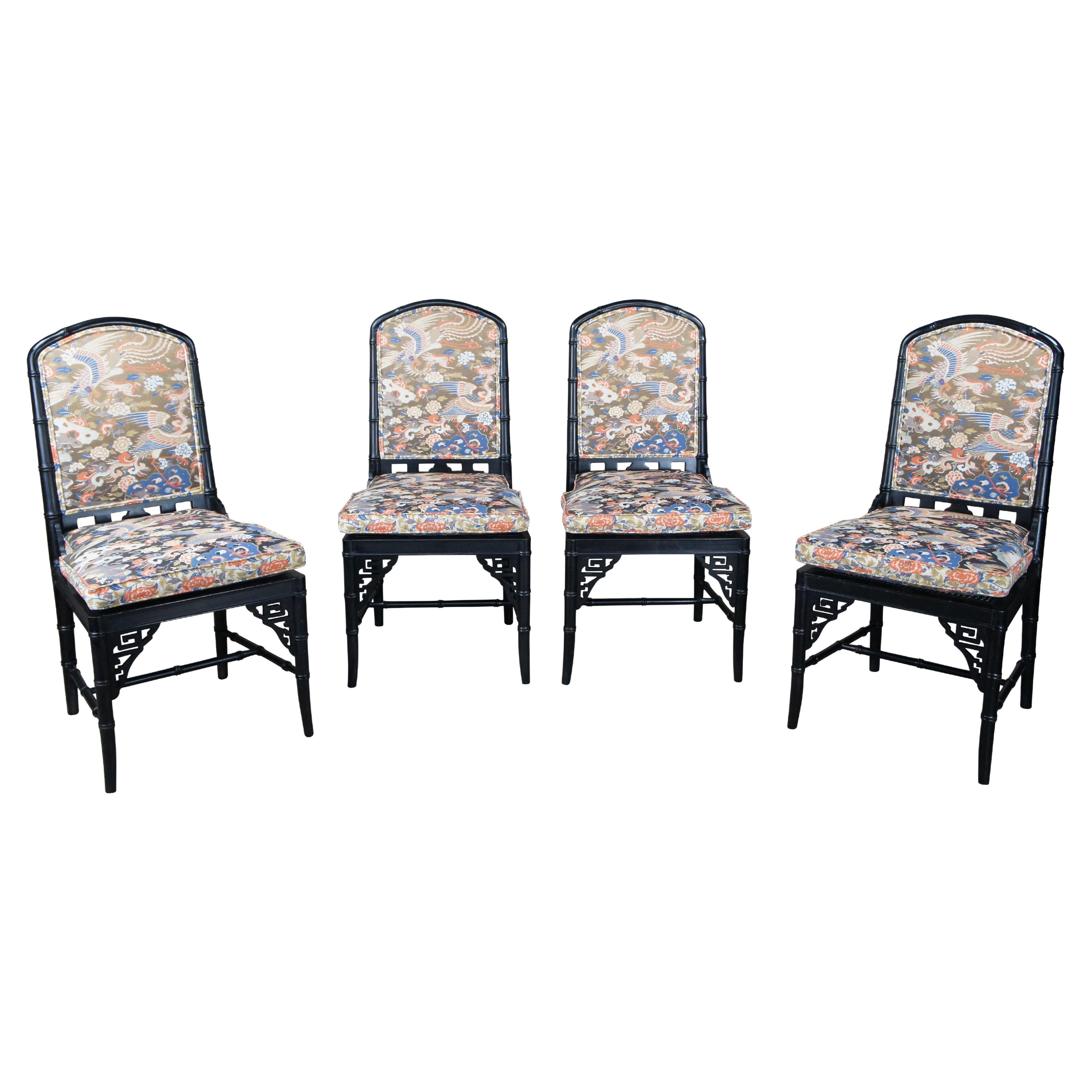 4 Chinese Chinoiserie Faux Bamboo Black Lacquer Caned Crane Dining Chairs For Sale