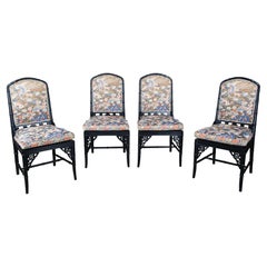 4 Chinese Chinoiserie Faux Bamboo Black Lacquer Caned Crane Dining Chairs