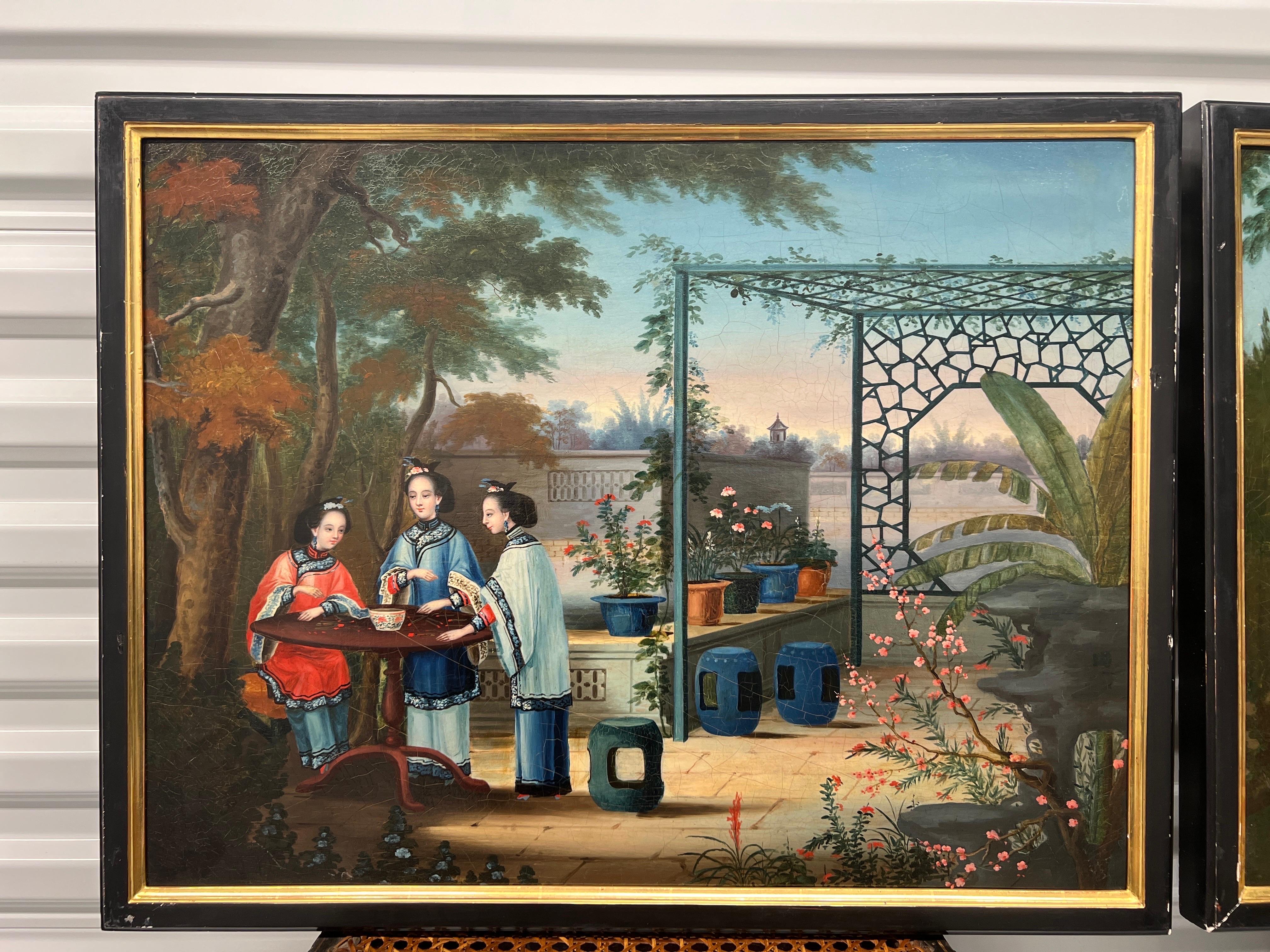 Chinese Export, mid 19th century. 

An exceptional and original 4 piece set of Chinese Export oil paintings on canvas depicting exterior garden scenes of ladies and children collecting over tea and walking through the gardens. 
Each painting is done