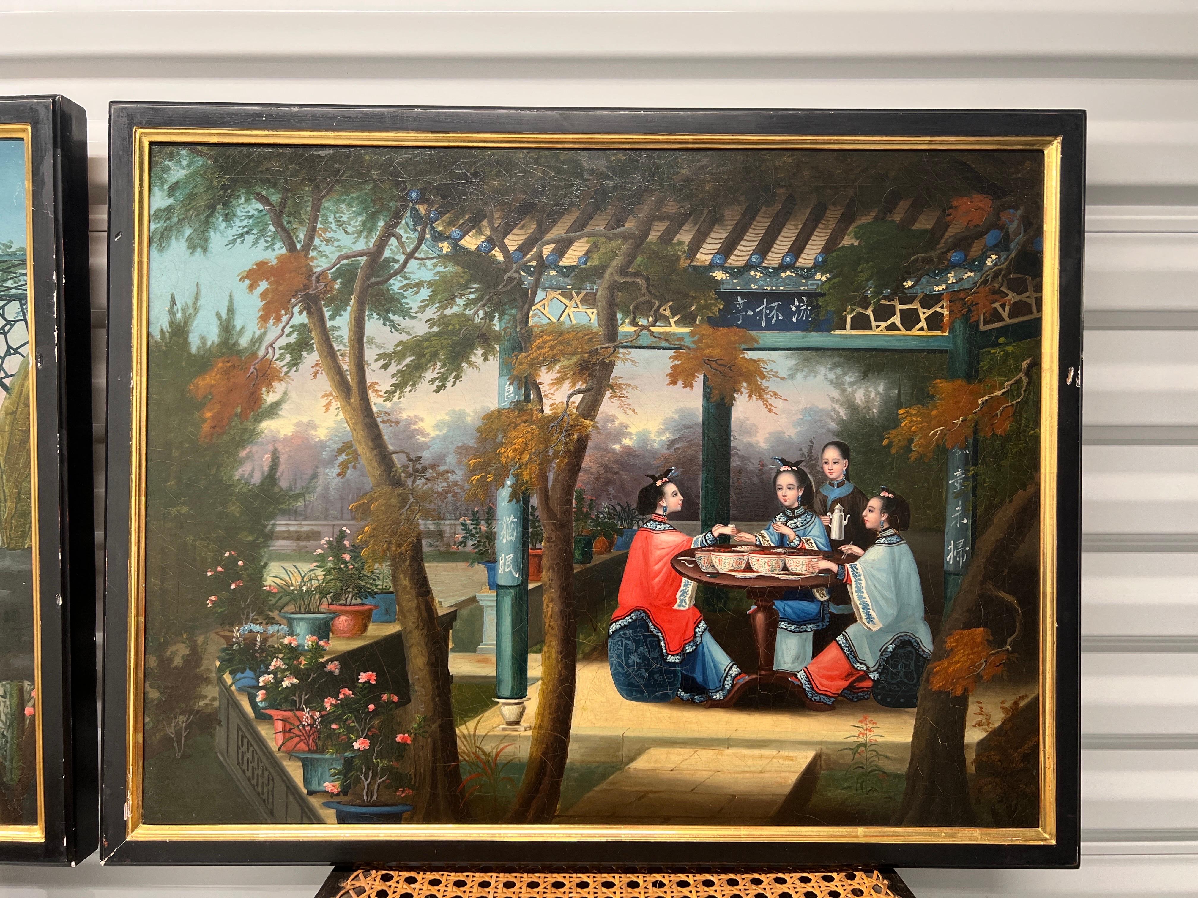 (4) Chinese Export Oil on Canvas Exterior Scenes C. 1840 National Gallery Prov. In Good Condition For Sale In Atlanta, GA