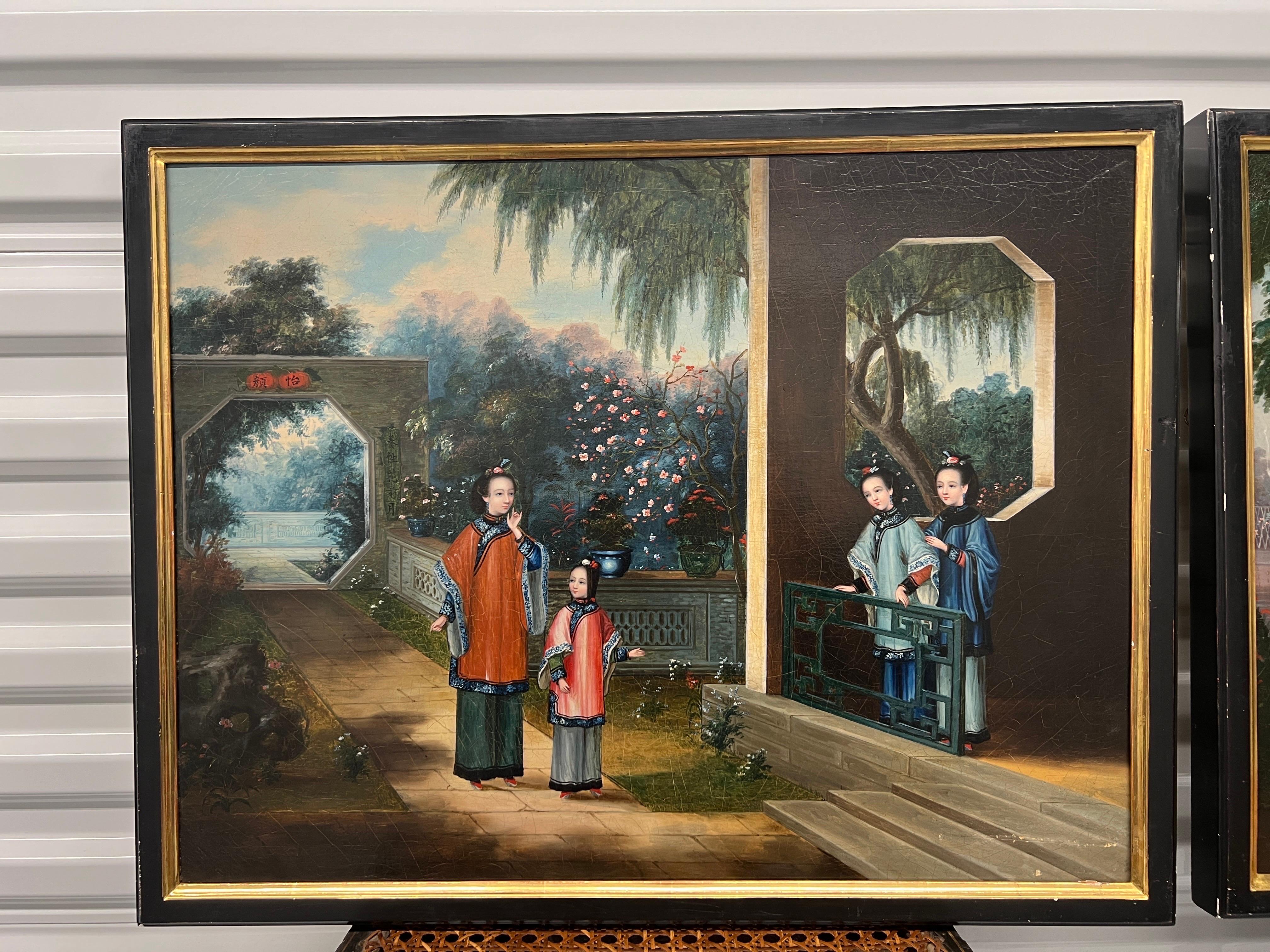 (4) Chinese Export Oil on Canvas Exterior Scenes C. 1840 National Gallery Prov. For Sale 1