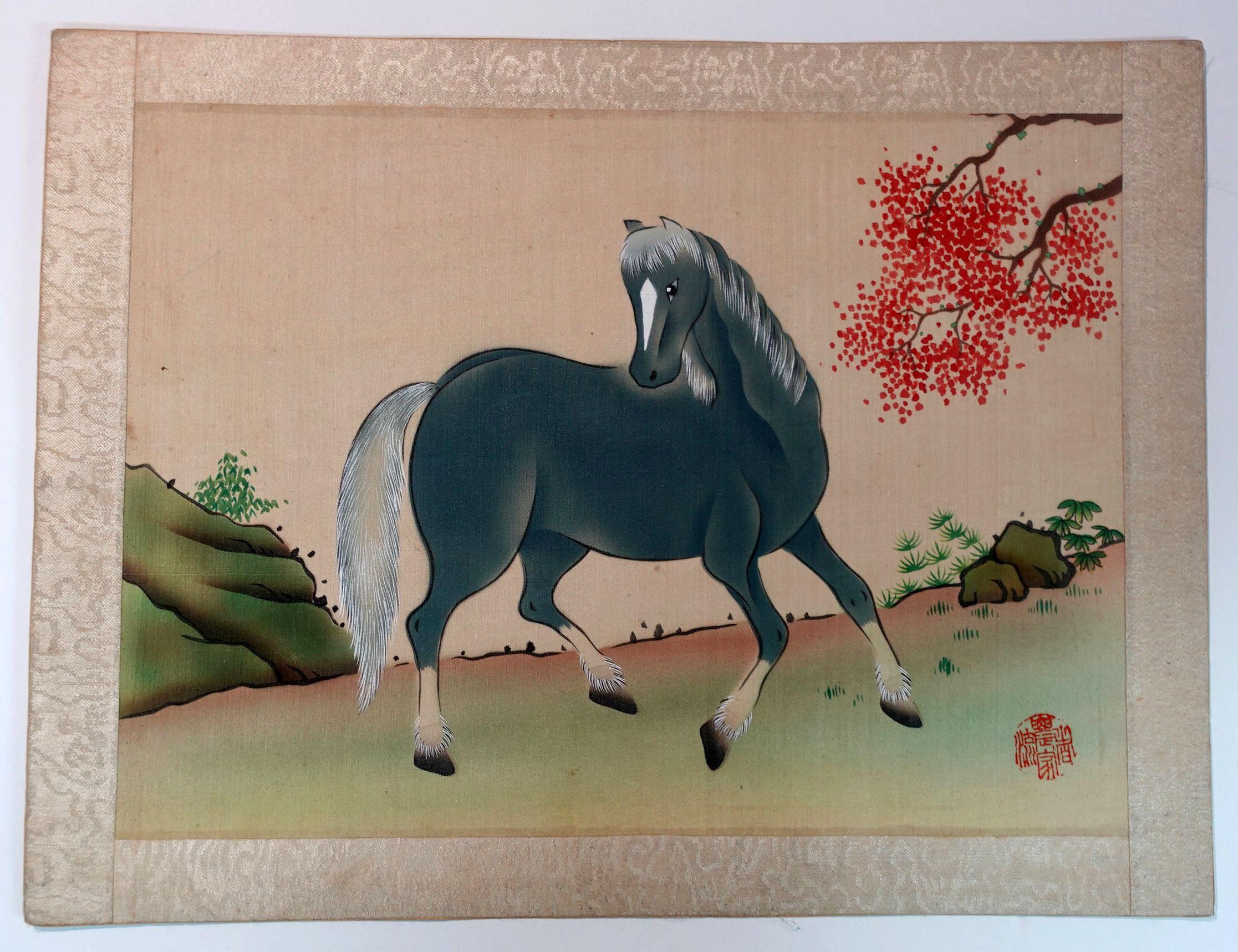 4 Chinese paintings of horses with different colors and poses. Watercolor and gouache on silk. Red seals, mounted on thick heavy paper and silk borders with no frames, from the 19th century.
Each overall: 10.5 x 13.75in.