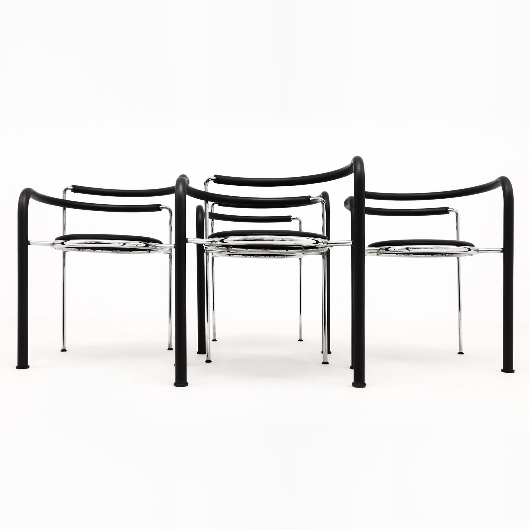 Post-Modern 4 chrome and black leather Rud Thygesen and Johnny Sorensen Dark Horse chairs For Sale