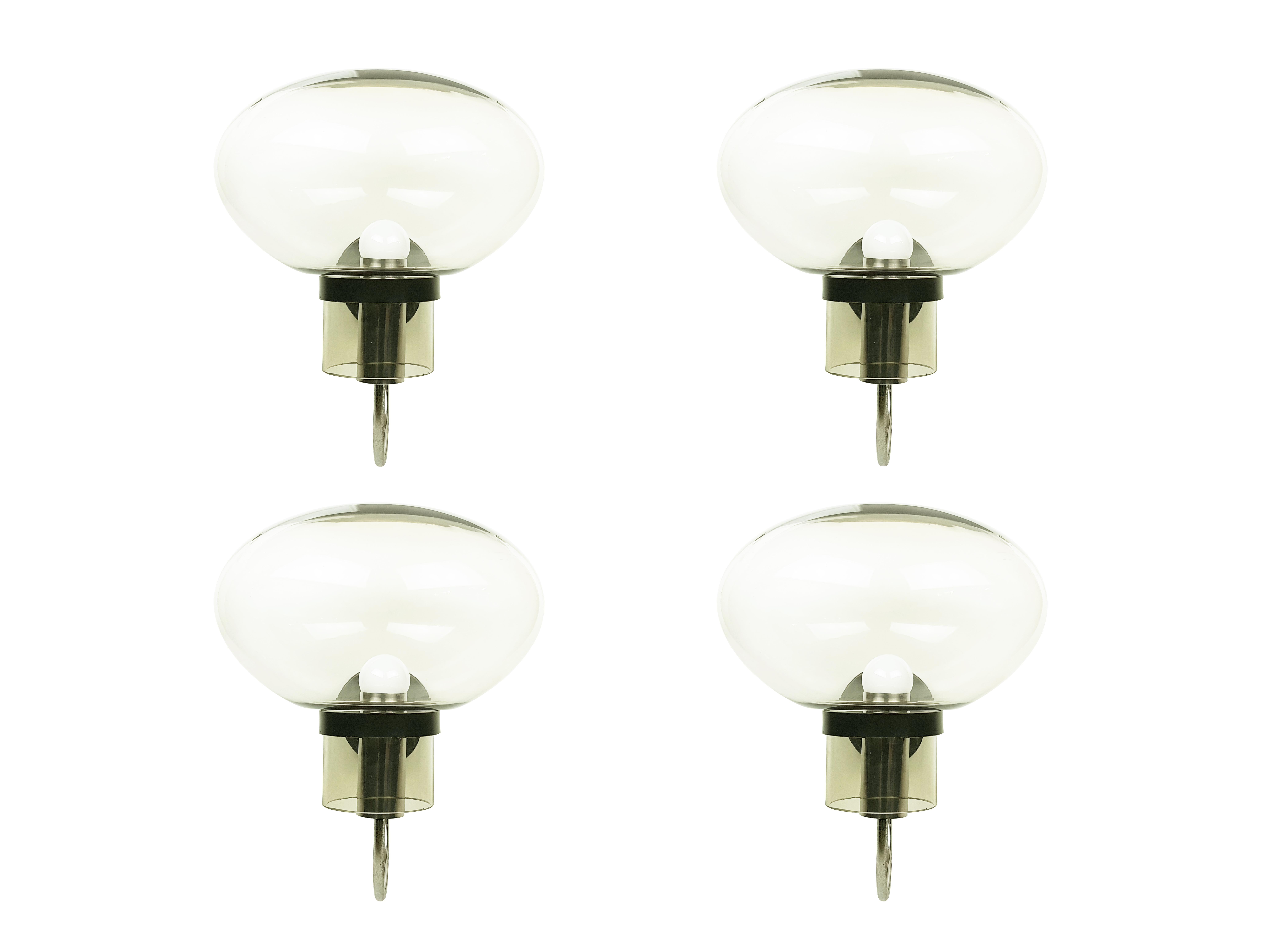 Late 20th Century 4 Chrome Plated Black Metal, Smoked Glass '70s Sconces Attributed to Arredoluce