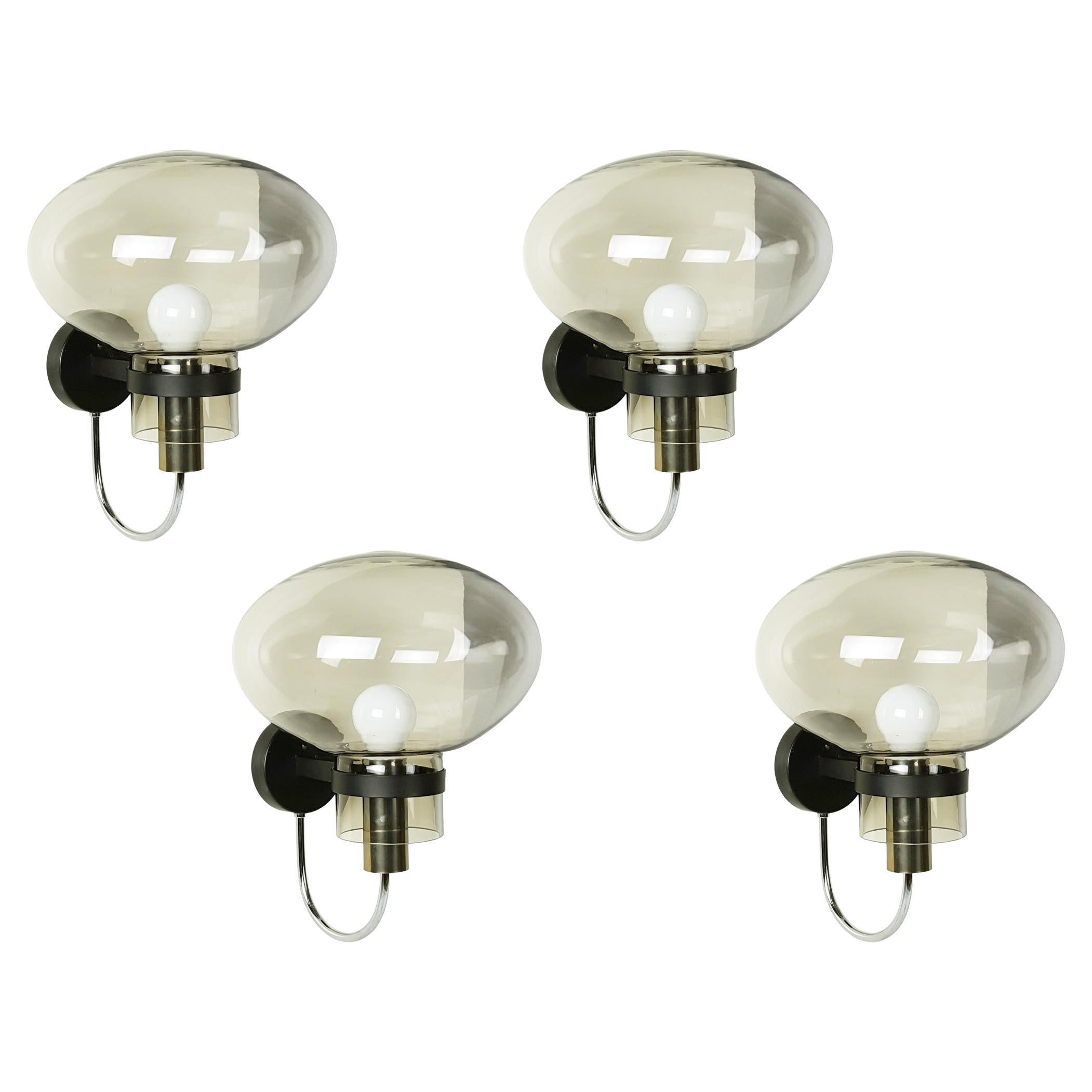 4 Chrome Plated Black Metal, Smoked Glass '70s Sconces Attributed to Arredoluce