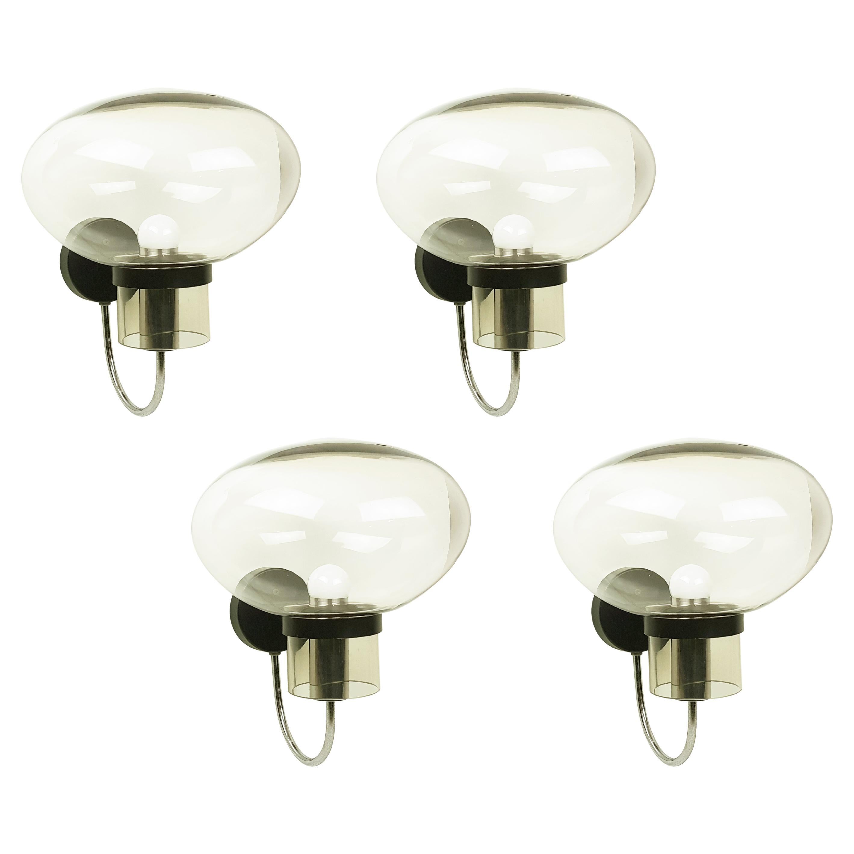 4 Chrome Plated Black Metal, Smoked Glass '70s Sconces Attributed to Arredoluce